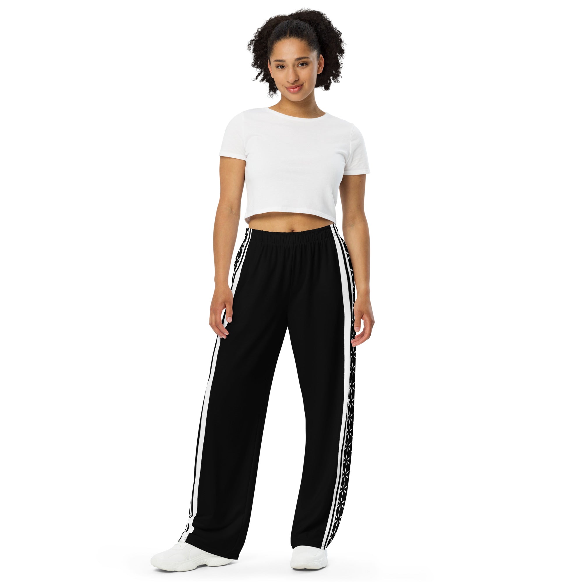 Mystic Stripes unisex wide-leg pants — cosmic stripe all-over print (front 3 view)
