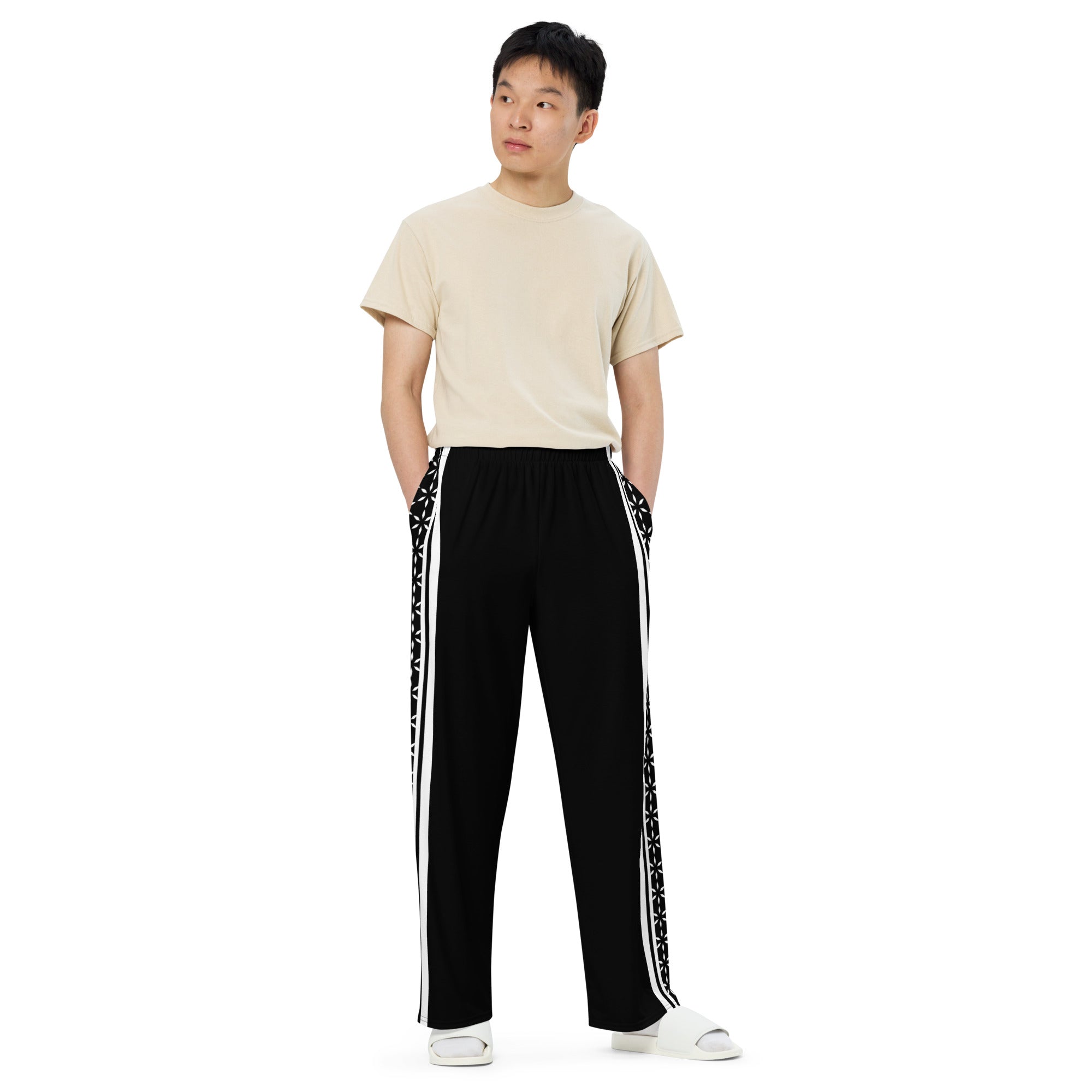 Mystic Stripes unisex wide-leg pants — cosmic stripe all-over print (front2 view)