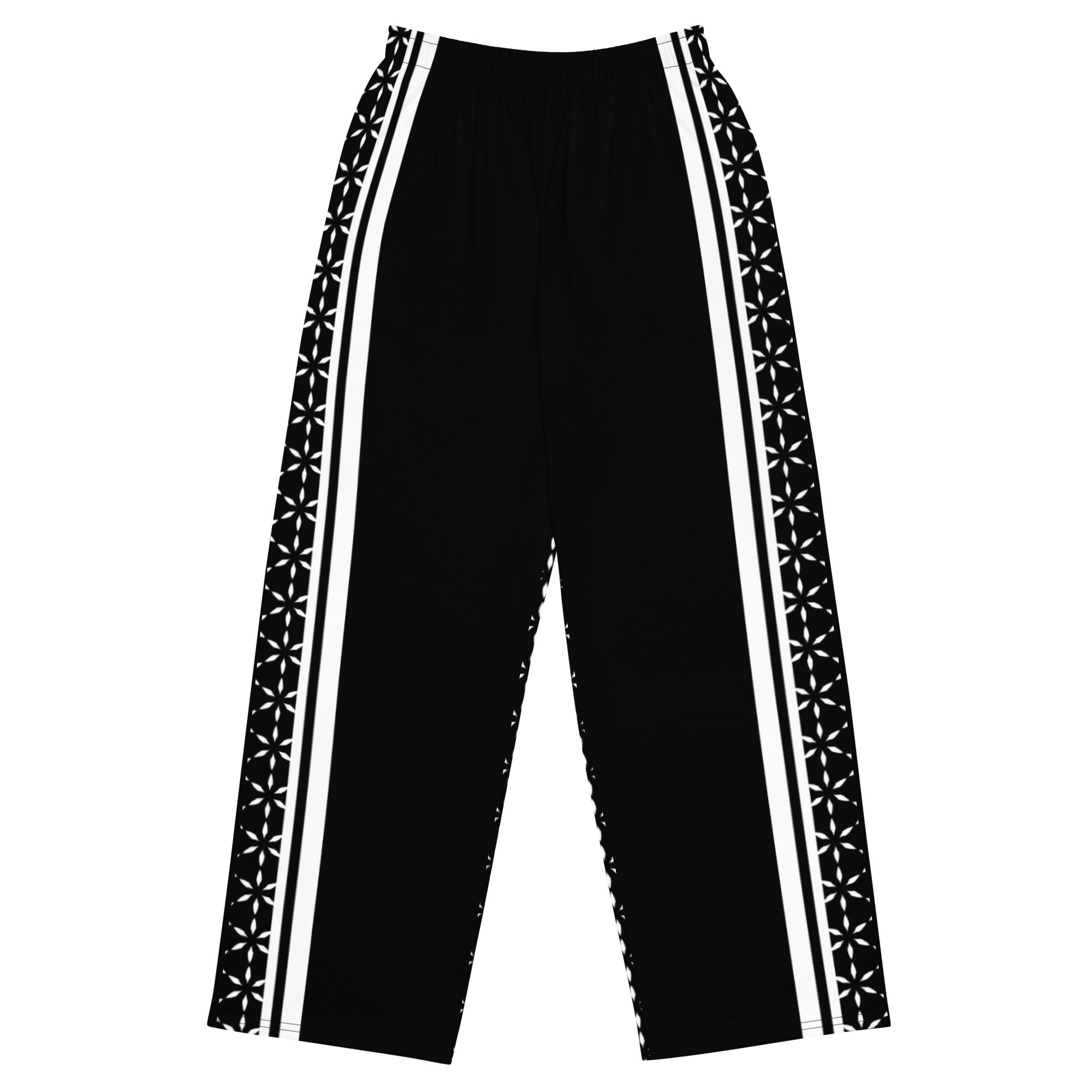 Mystic Stripes unisex wide-leg pants — cosmic stripe all-over print (front 1 view)