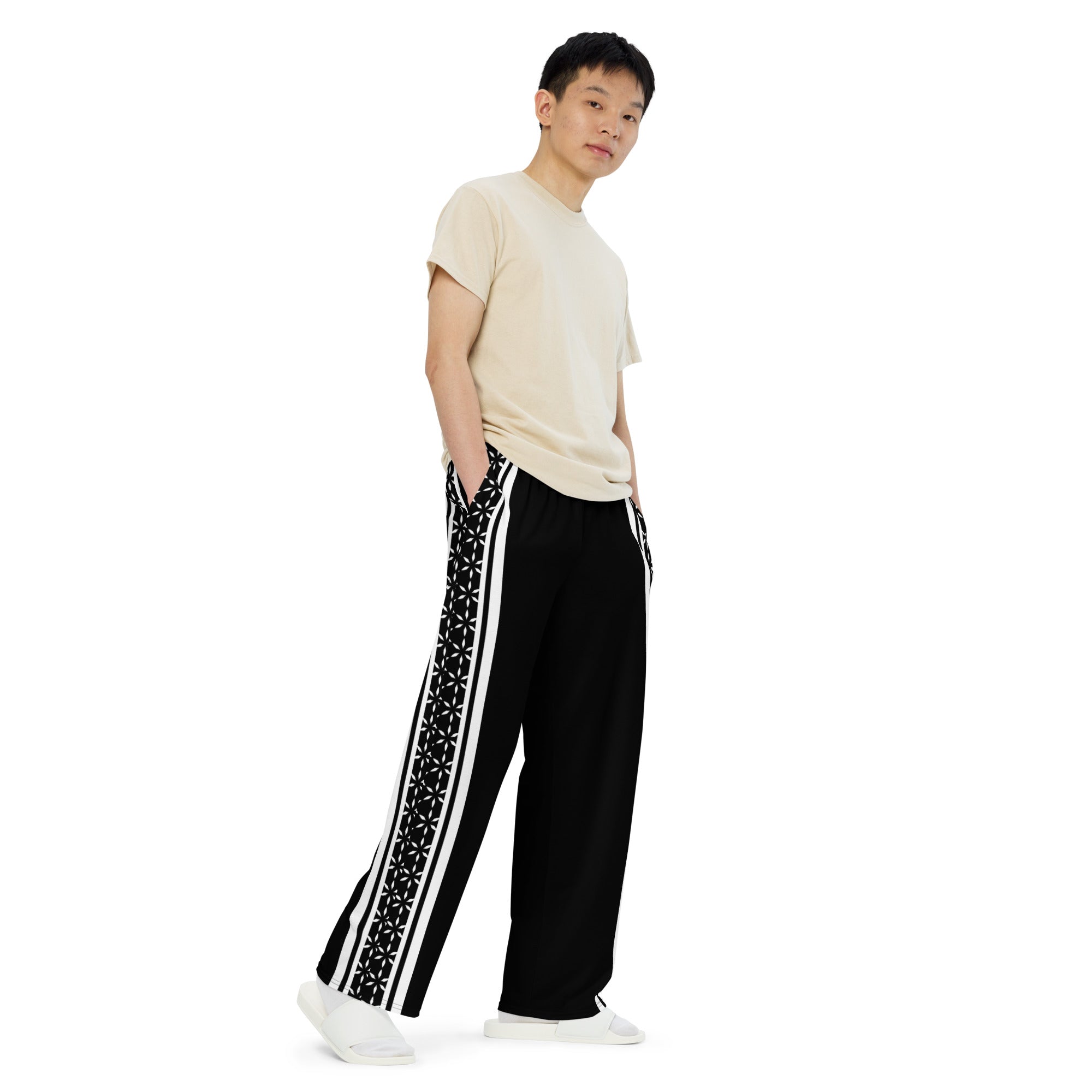 Mystic Stripes unisex wide-leg pants — cosmic stripe all-over print (side 2 view)