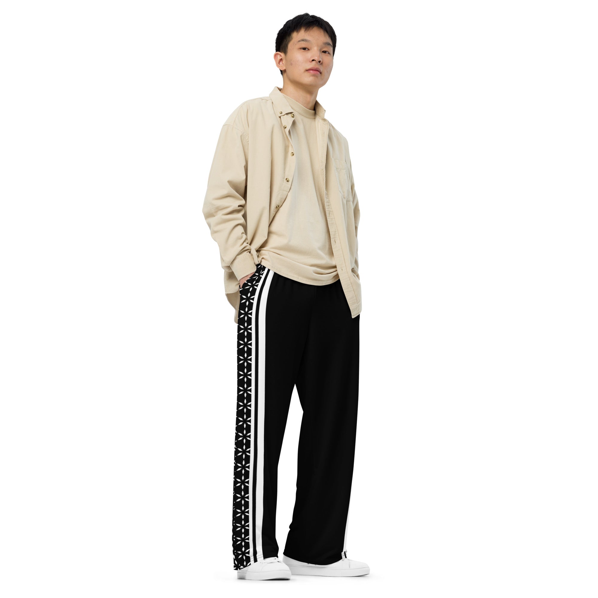 Mystic Stripes unisex wide-leg pants — cosmic stripe all-over print (side 2 view)