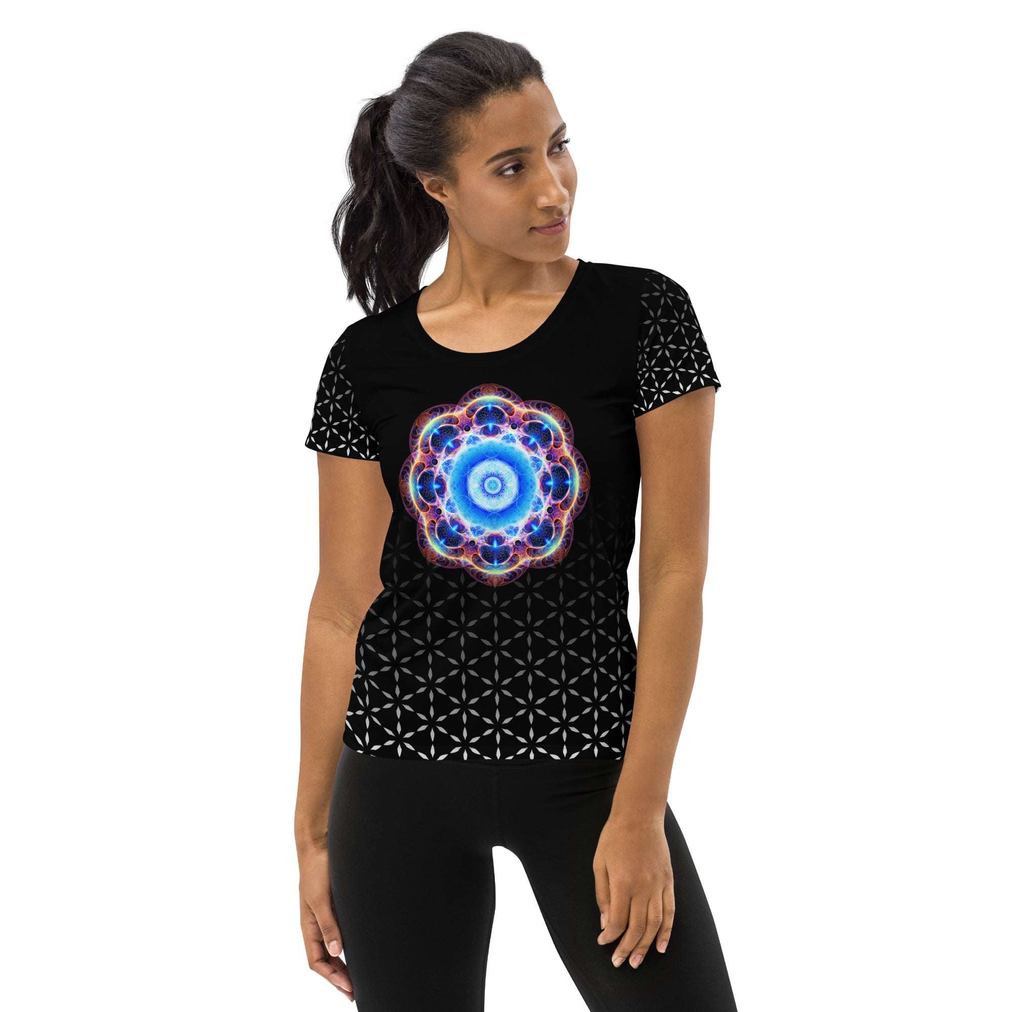 Sacred Blend women’s athletic tee — blue mandala on geometric field; Women’s sports-mesh tee — four-way stretch, all-over print.