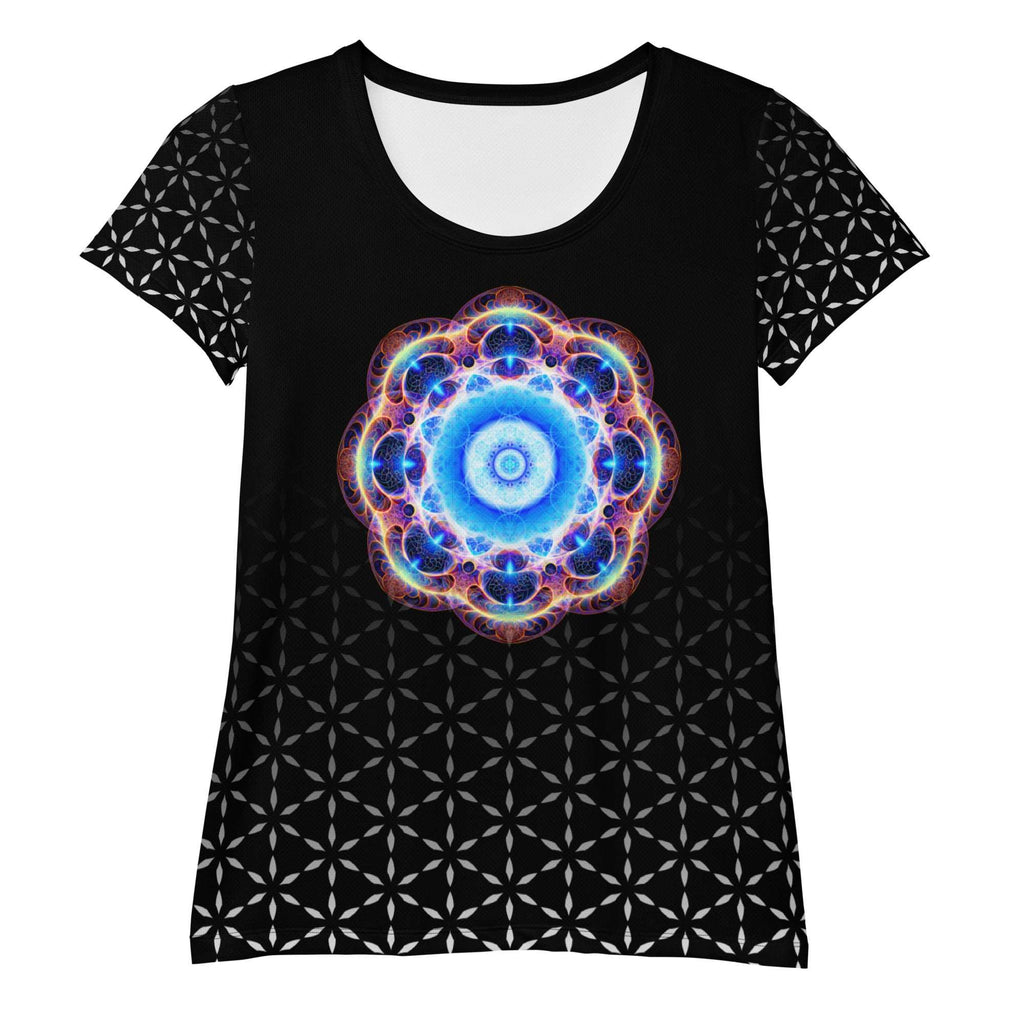 Sacred Blend women’s athletic tee — blue mandala on geometric field; Women’s sports-mesh tee — four-way stretch, all-over print.