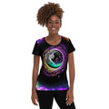 Boundless Mystic women’s athletic t-shirt — Hermetic-inspired geometric field (front); …sports-mesh performance tee, side view