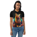 Cosmic Tobes women’s t-shirt — radiant galactic cat with geometric crown (front)
Cosmic Tobes tee — cosmic feline artwork, lifestyle view