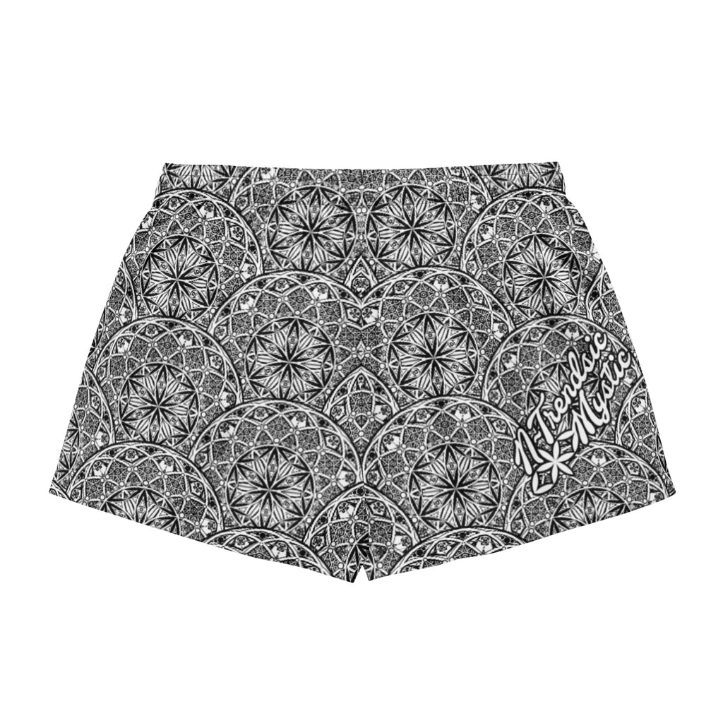 Mystic Eyes women’s pajama shorts — repeating sacred geometry mandala pattern with all-seeing eyes in black-and-white