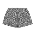 Mystic Eyes women’s pajama shorts — repeating sacred geometry mandala pattern with all-seeing eyes in black-and-white