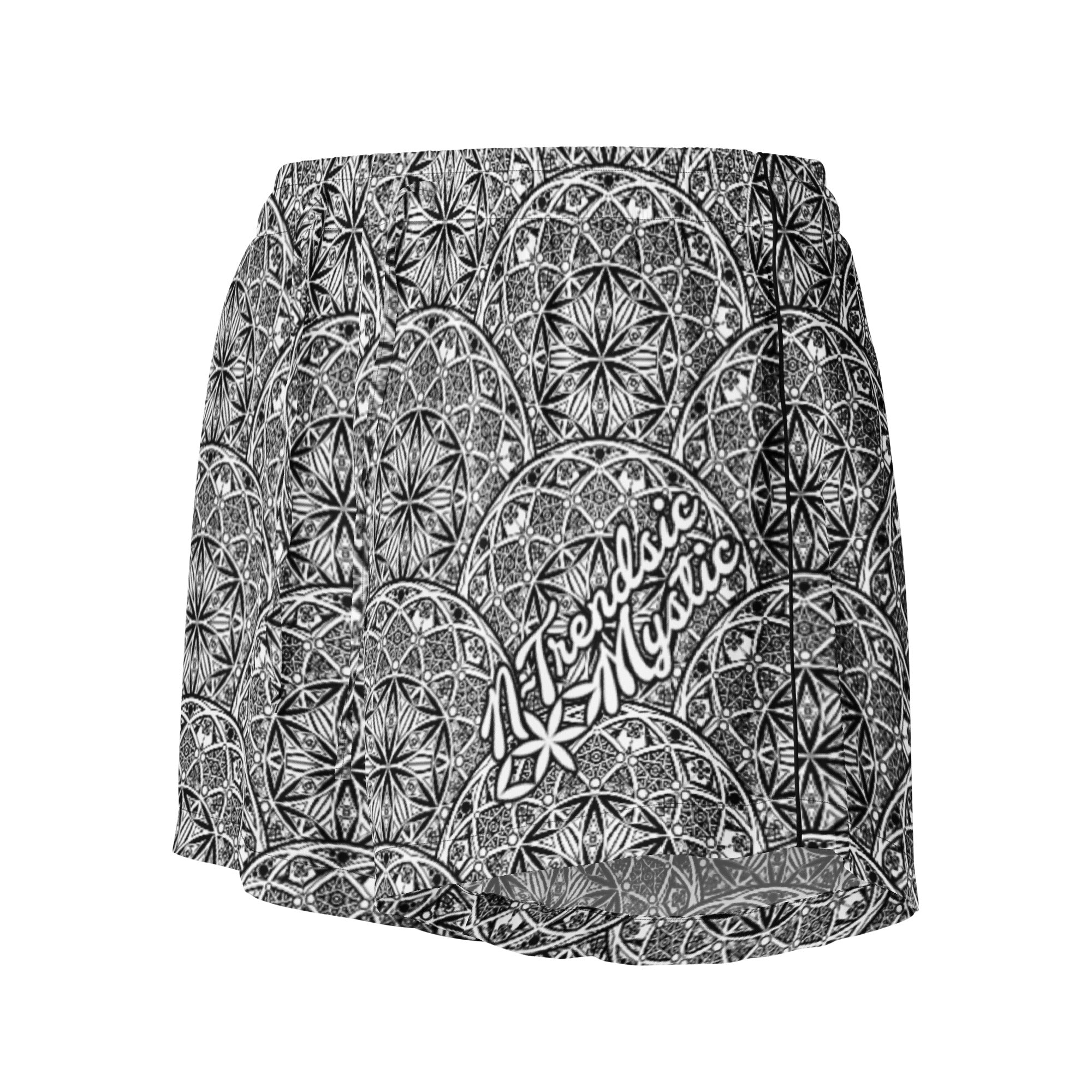 Mystic Eyes women’s pajama shorts — repeating sacred geometry mandala pattern with all-seeing eyes in black-and-white