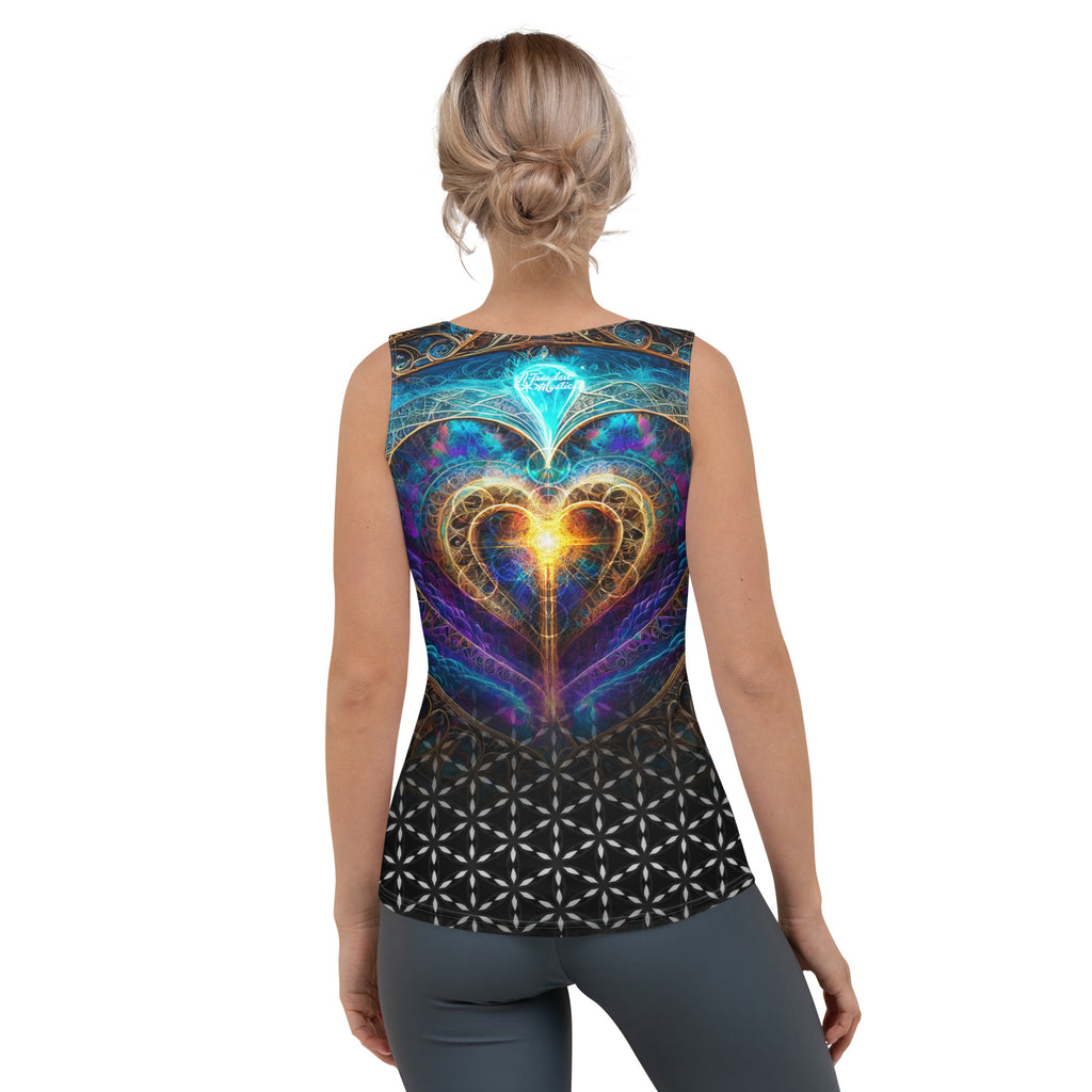 Universal Love tank — body-hugging microfiber with four-way stretch, radiant heart icon