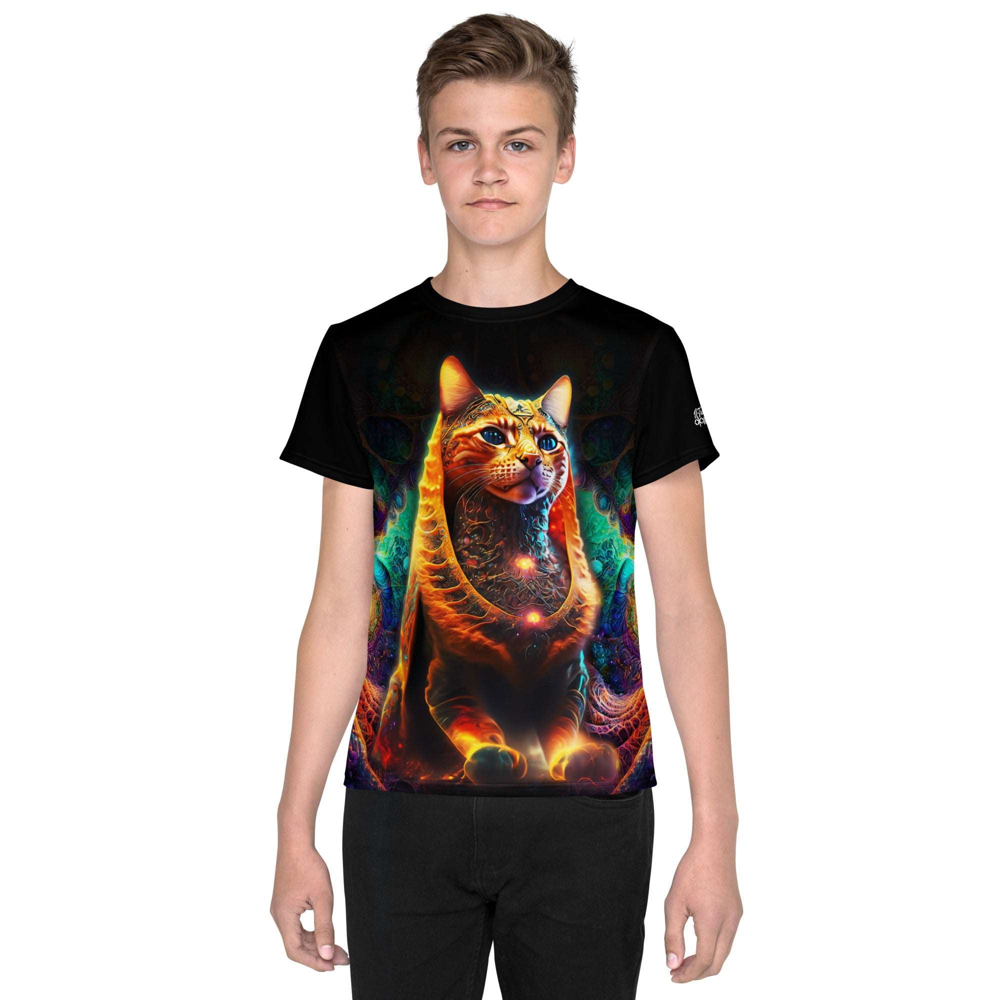 Cosmic Tobes youth t-shirt — galactic cat graphic (front); Cosmic Tobes kids tee — cosmic feline detail.