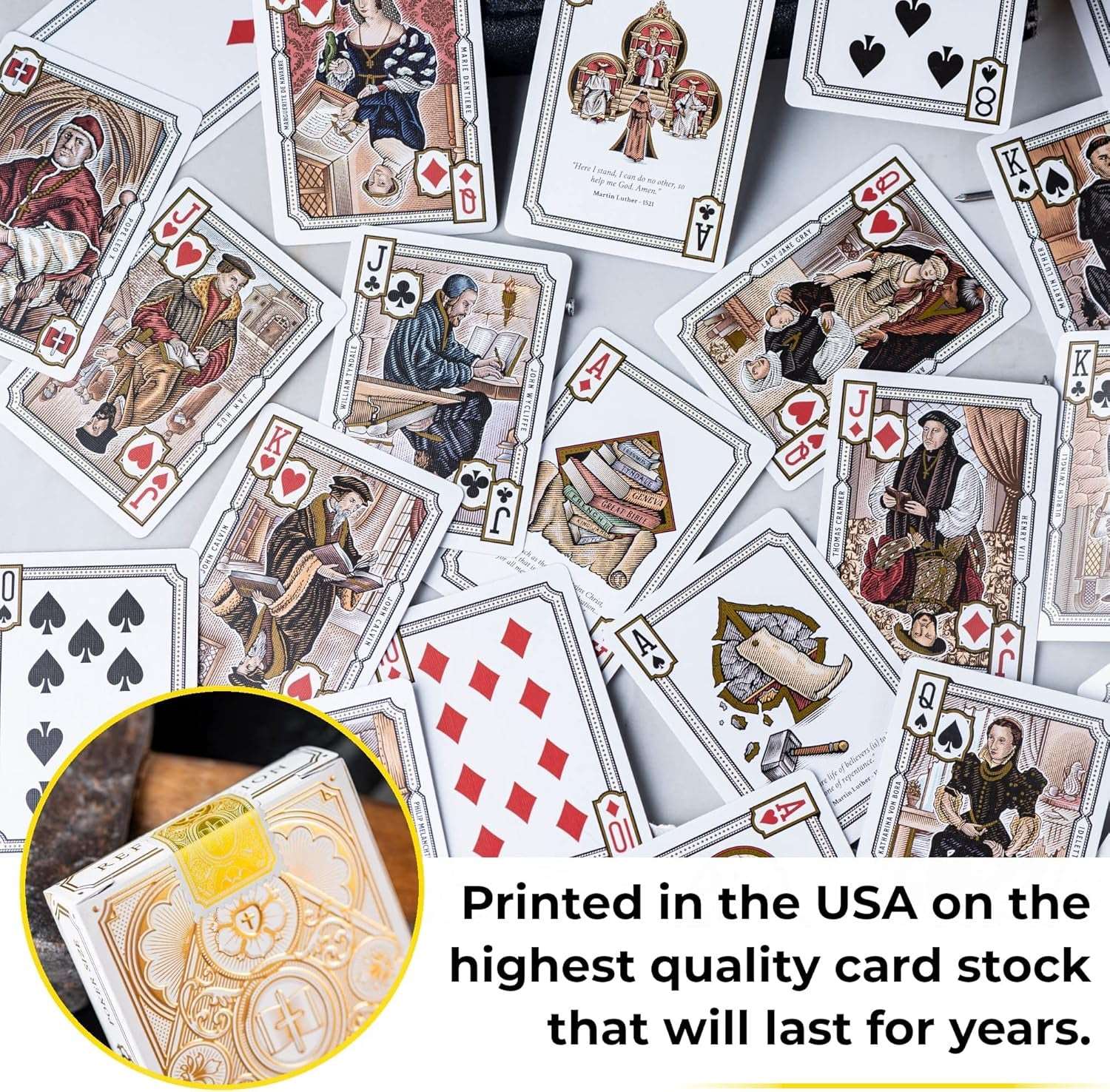 Alpha & Omega premium playing cards with metallic foil tuckbox, available in five collectible designs.