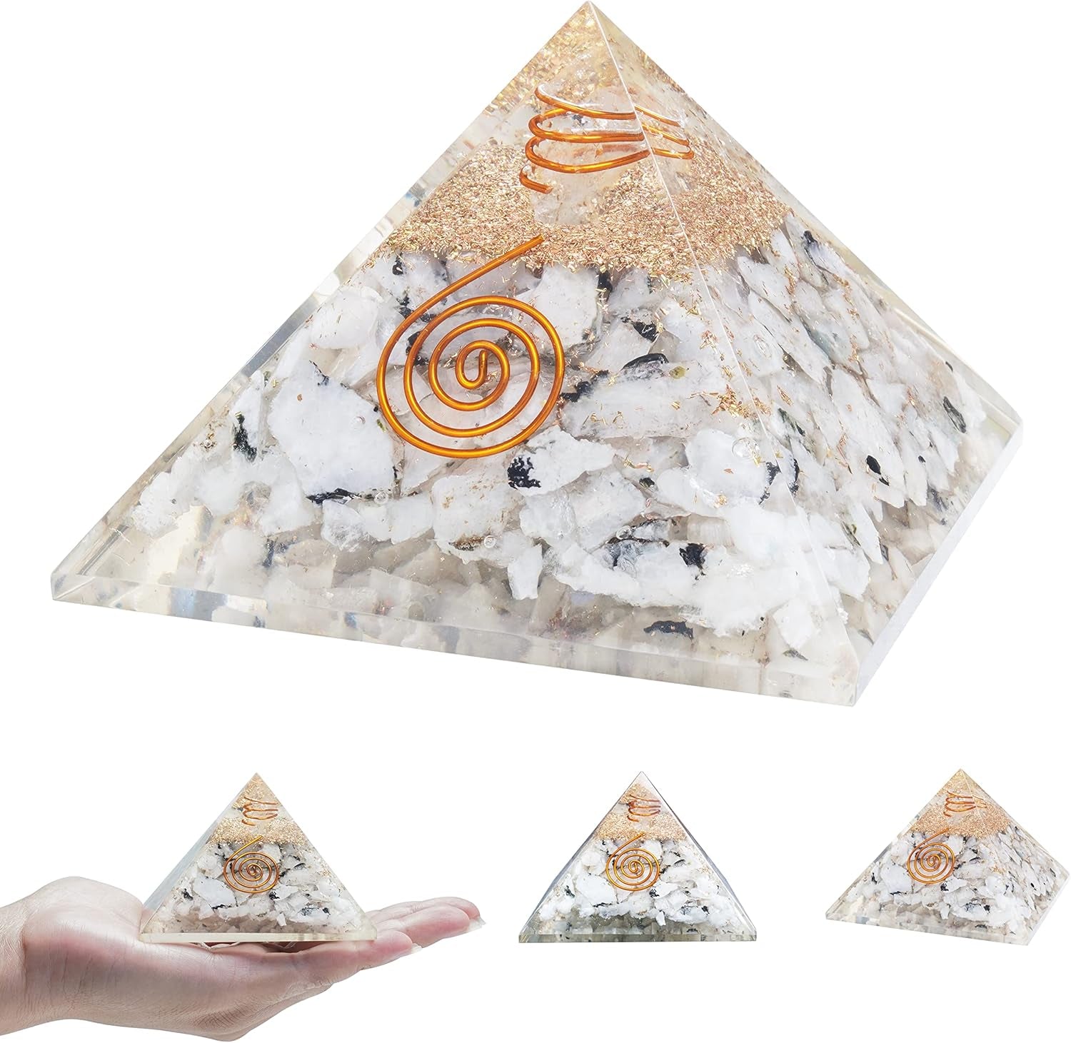 55Mm Orgone Pyramid Rainbow Moonstone Protection Crystals Reiki Healing Stones, Organite Pyramid for Good Luck Gift for Women Men Gemstone Crystal Chakra Charm Orgone Generator Orgonite Collection