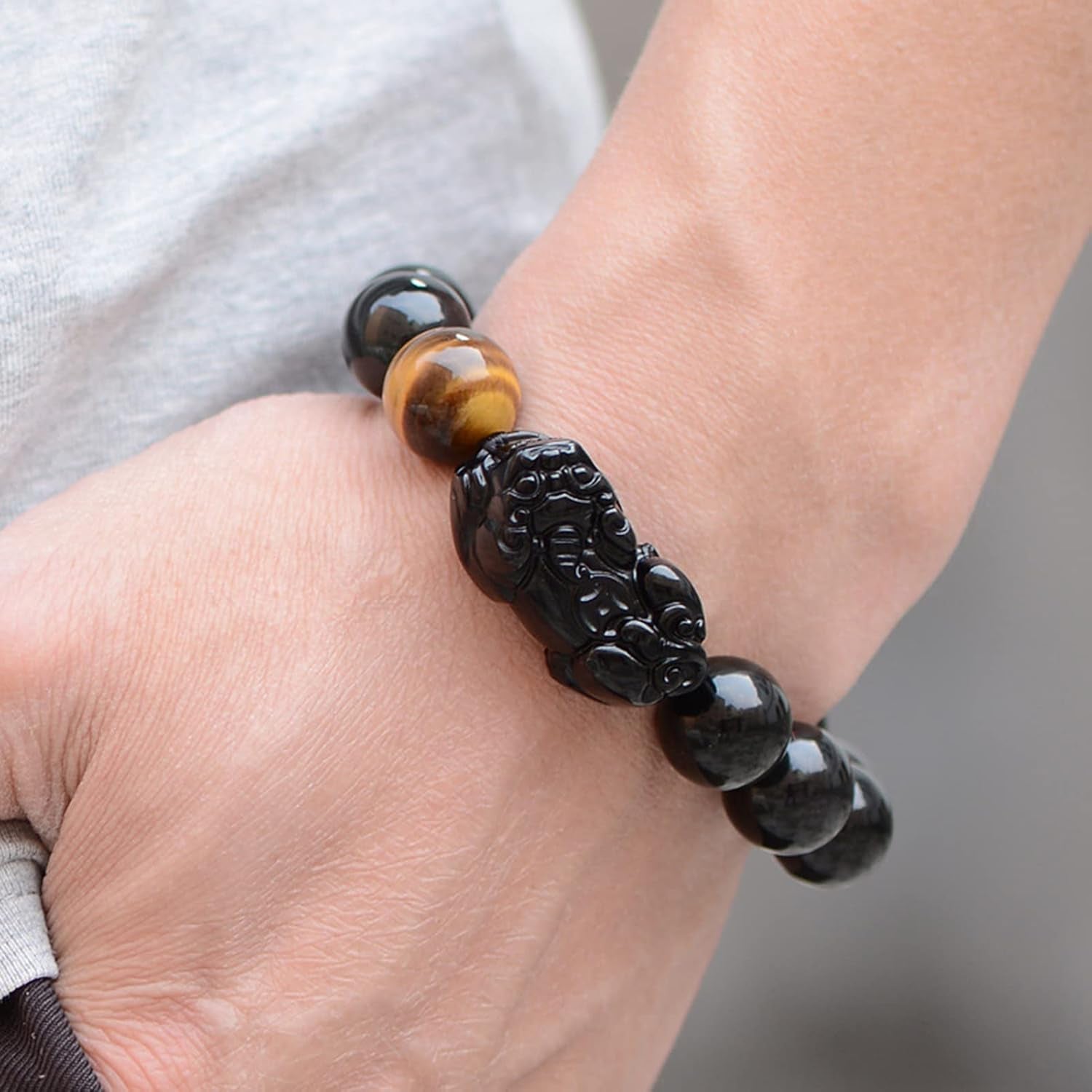 Black Obsidian & Tiger Eye Wealth Bracelet with Pixiu Charm | Feng Shui Protection & Abundance