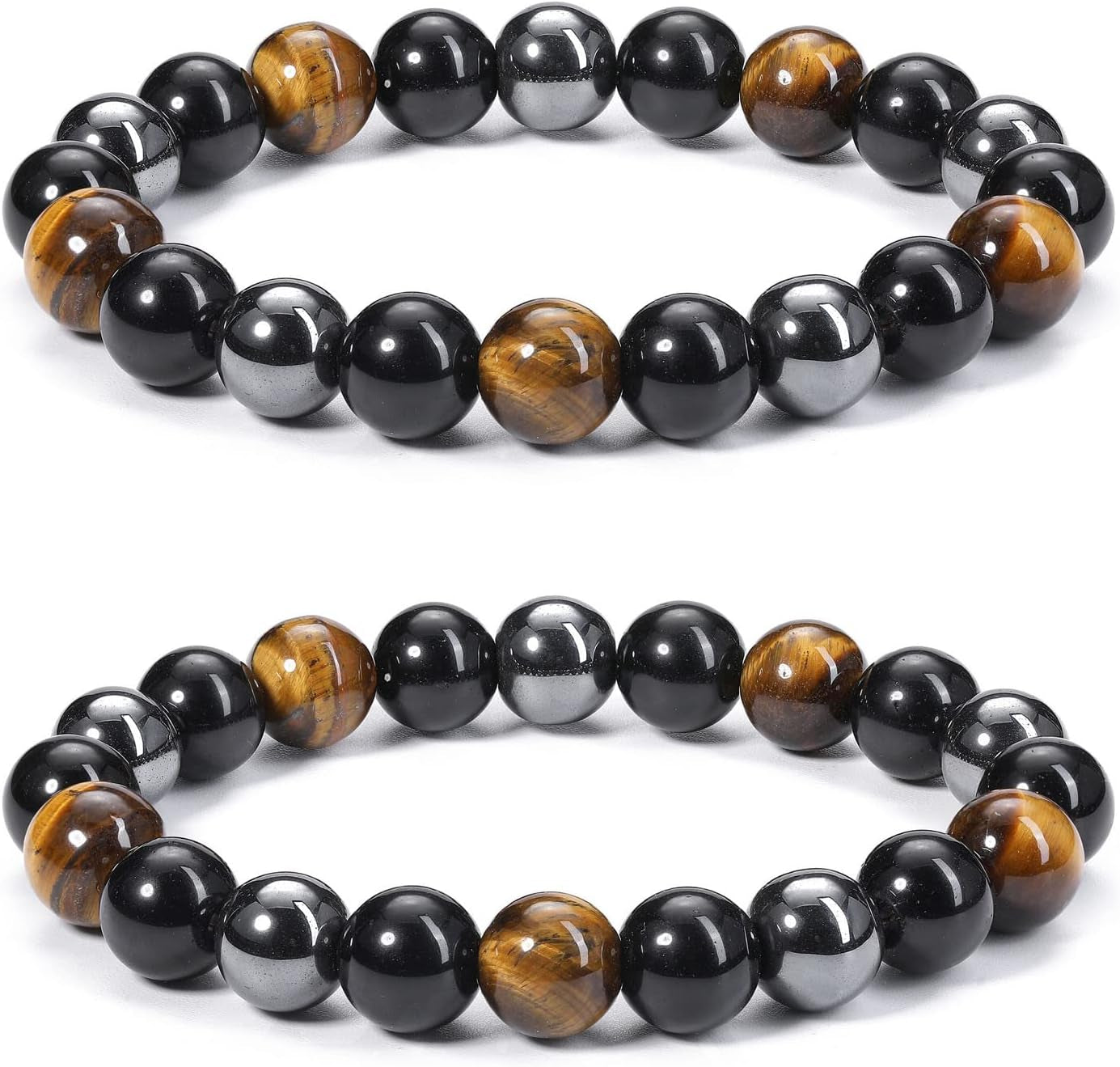 Grounded Trio bracelet set featuring black obsidian, hematite, and tiger’s eye beads on stretch cord; includes two matching bracelets
