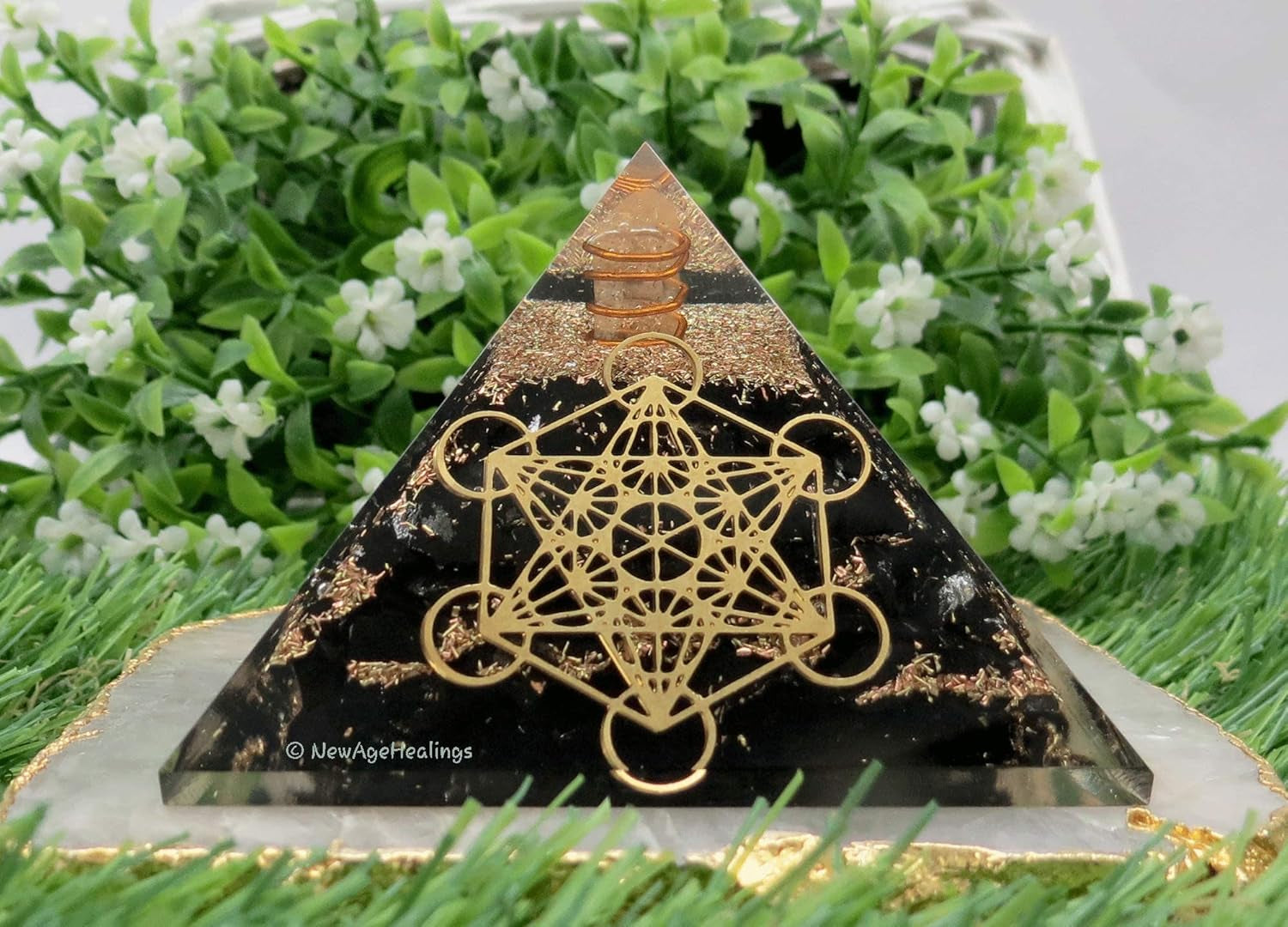 Large Orgone Pyramid | Shungite Metatron Orgonite Pyramid | EMF Protection & Positive Energy Generator for Meditation, Wellness & Home Decor