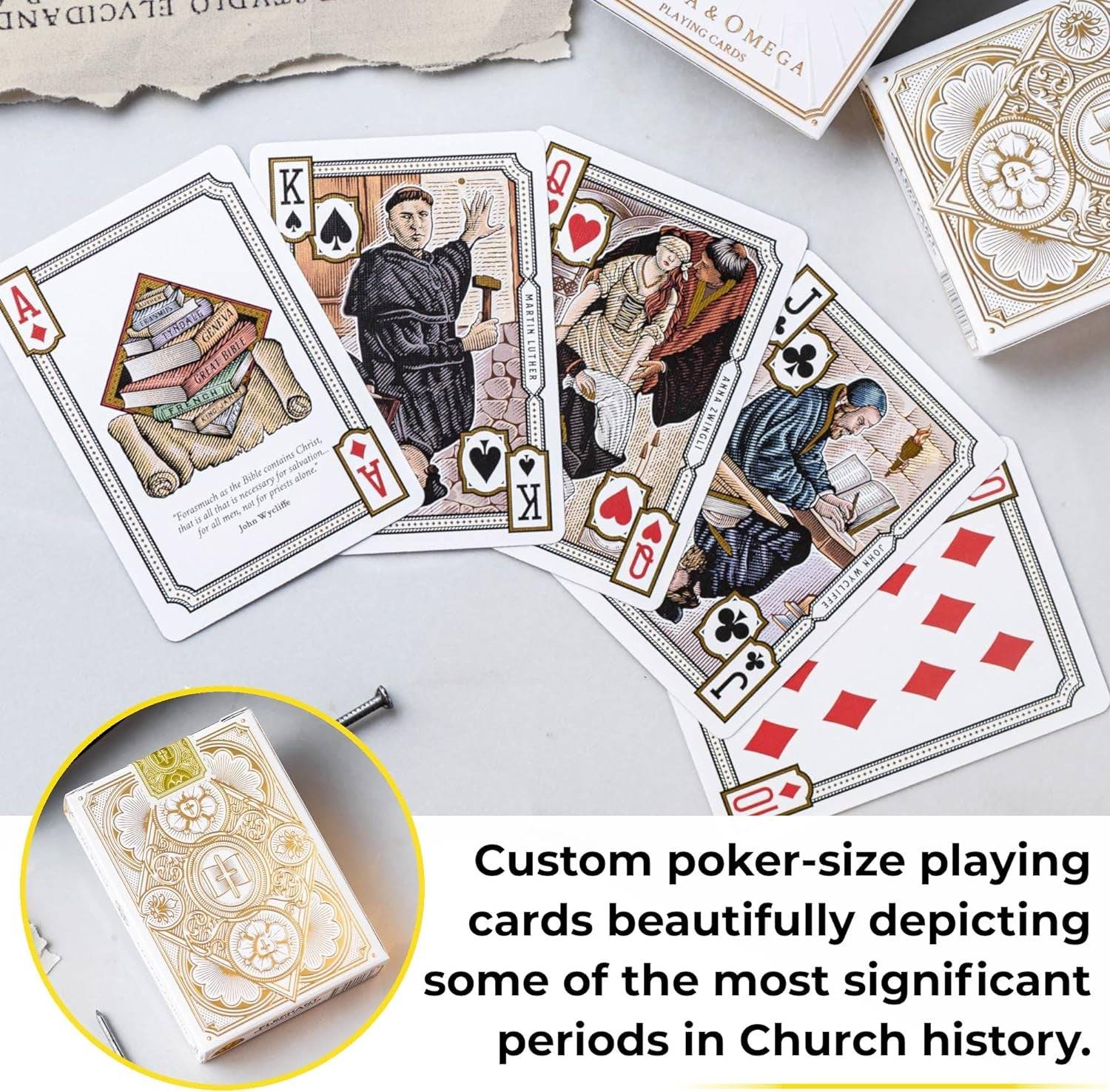 Alpha & Omega premium playing cards with metallic foil tuckbox, available in five collectible designs.