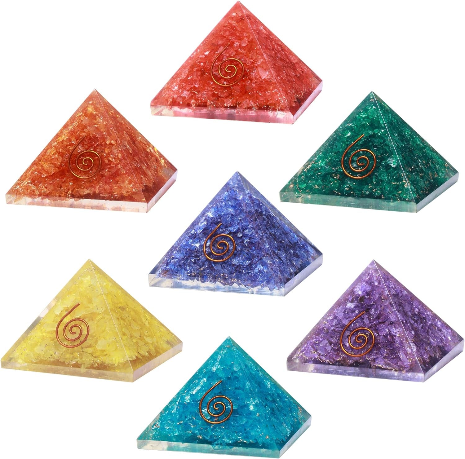Handcrafted gemstone orgone pyramid with copper coil design, available in multiple decorative variations.