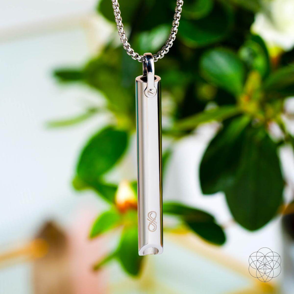 Silver pendant necklace with a blurred green leafy background