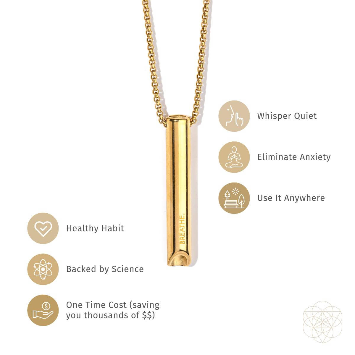 Gold pendant necklace with benefits listed on a white background