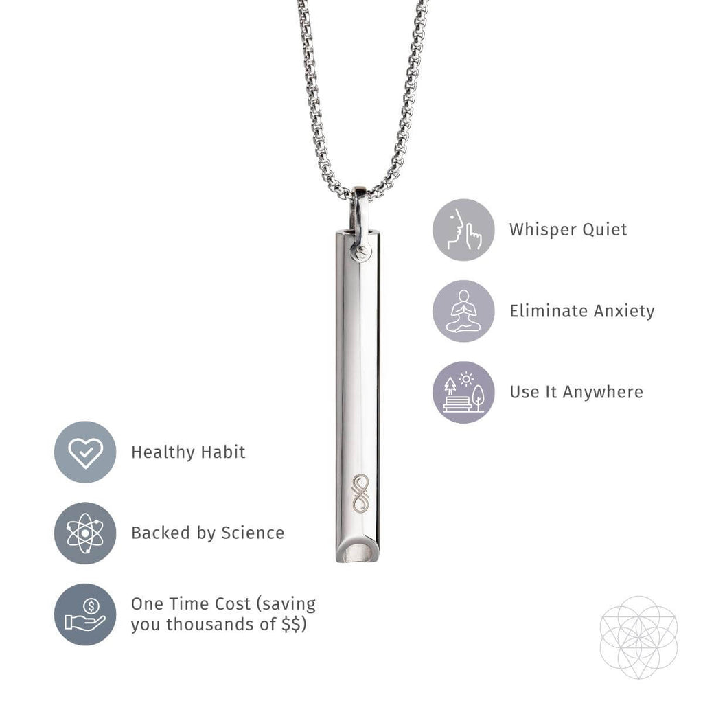 Silver pendant necklace with features listed on a white background