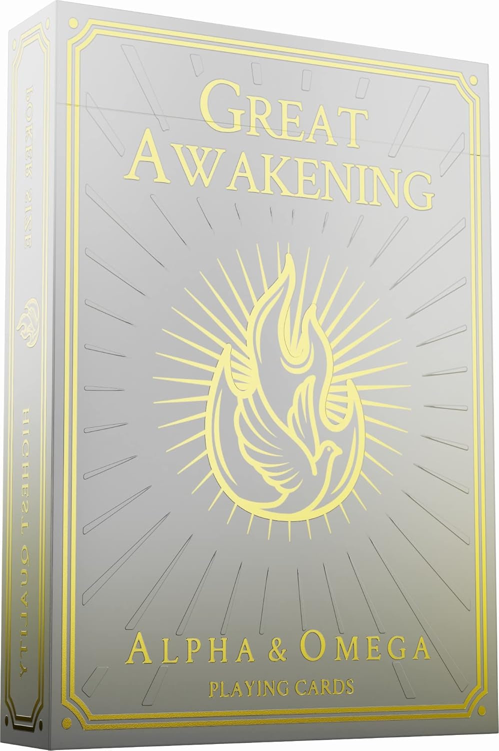 Alpha & Omega premium playing cards with metallic foil tuckbox, available in five collectible designs.
(Great Awakening)