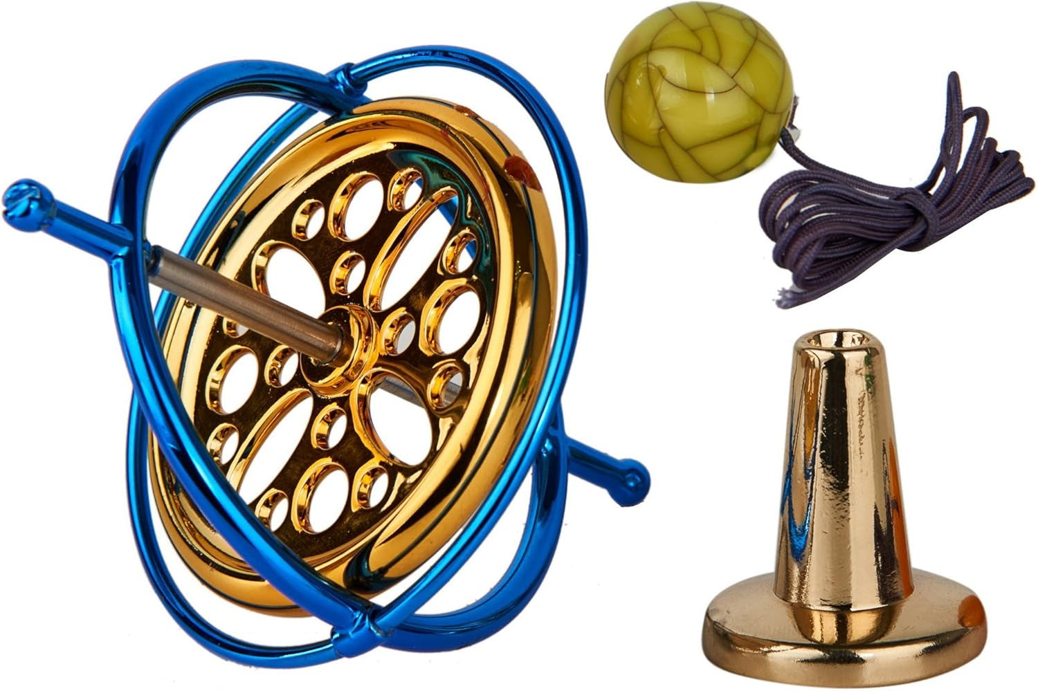 Mystic Anti-Gravity Spinning Top — polished metal precision gyroscope spinning in motion over a tabletop pedestal