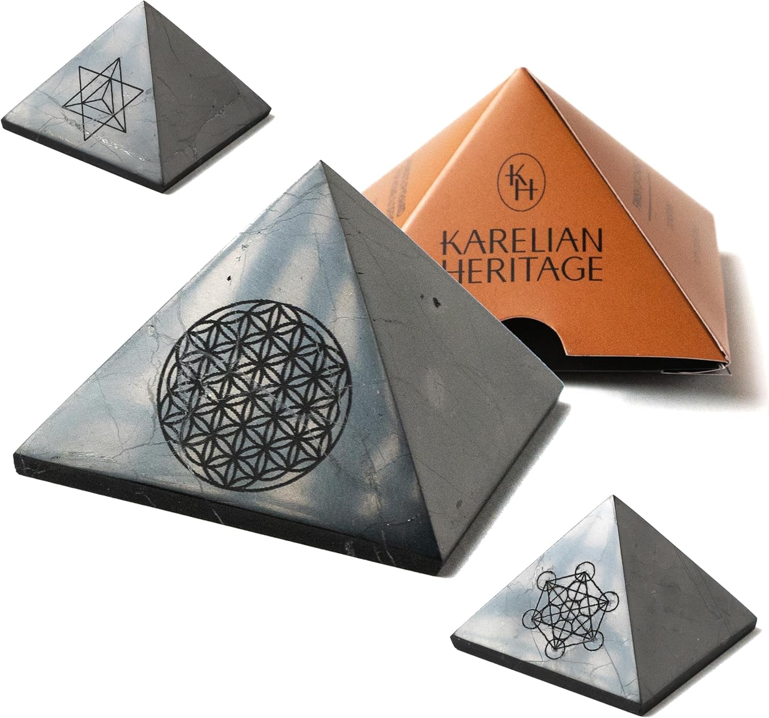 Authentic Shungite Pyramid – 2” Polished Crystal with Engraved Sacred Geometry | Energy Harmonizer & Spiritual Protection for Home, Office, and Meditation
