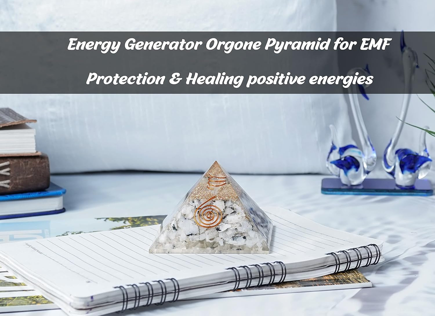 55Mm Orgone Pyramid Rainbow Moonstone Protection Crystals Reiki Healing Stones, Organite Pyramid for Good Luck Gift for Women Men Gemstone Crystal Chakra Charm Orgone Generator Orgonite Collection