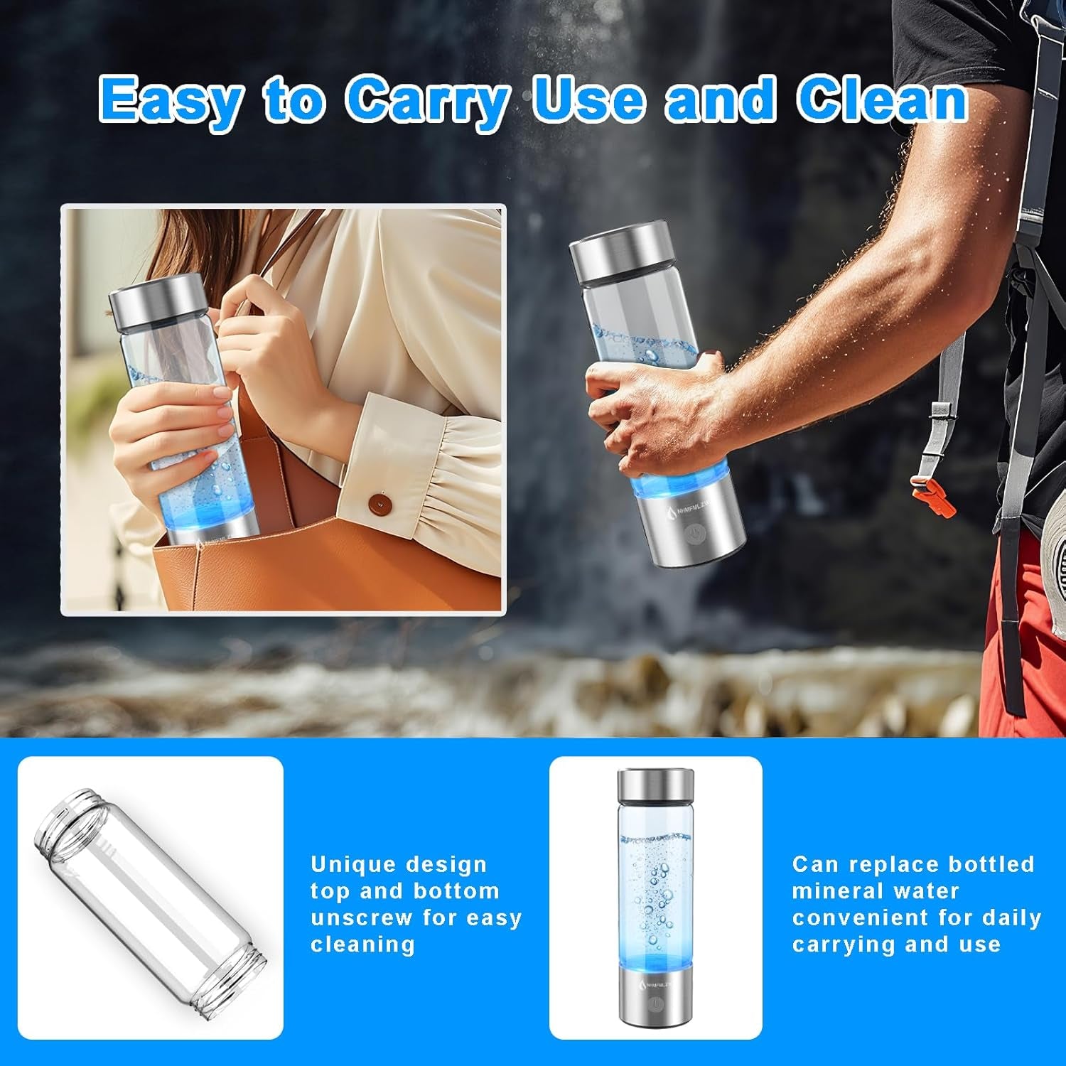 Hydrogen Water Bottle – Portable Ionizer with SPE PEM Tech | 420ml Borosilicate Glass, Rechargeable Base (2025 Upgrade)