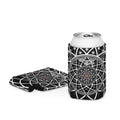 OG Mystic can cooler — sacred geometry design with Flower of Life, red rosette, and four guardian tetrahedrons mockup