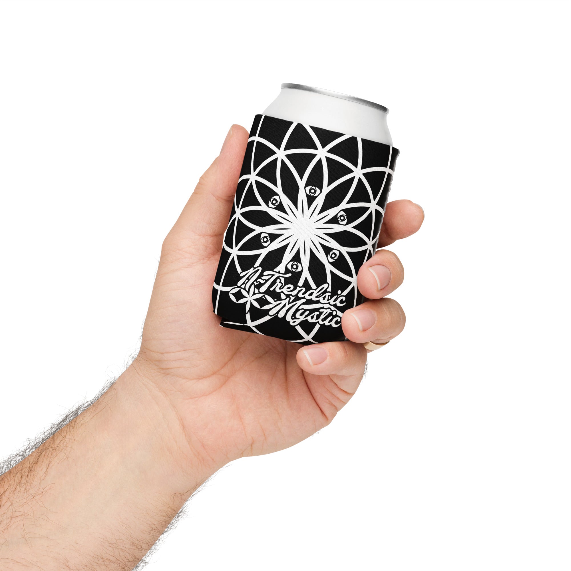 Mystic Koozie Eyez neoprene can cooler — sacred geometry mandala with eyes design, fits regular and slim cans