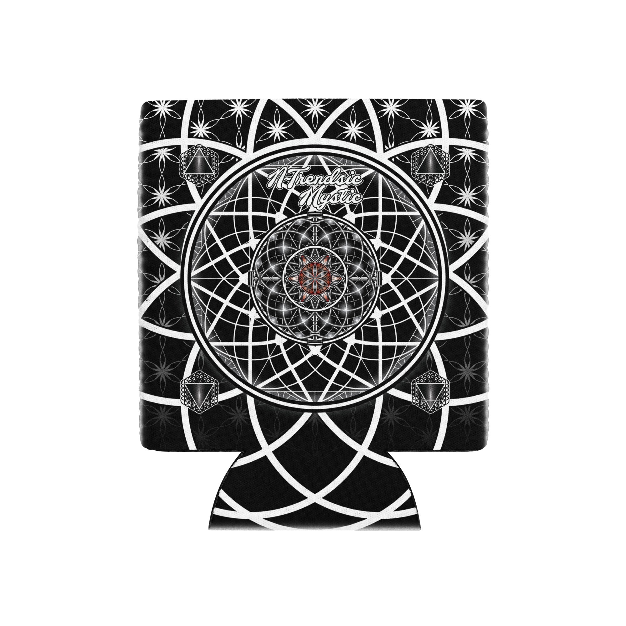OG Mystic can cooler — sacred geometry design with Flower of Life, red rosette, and four guardian tetrahedrons