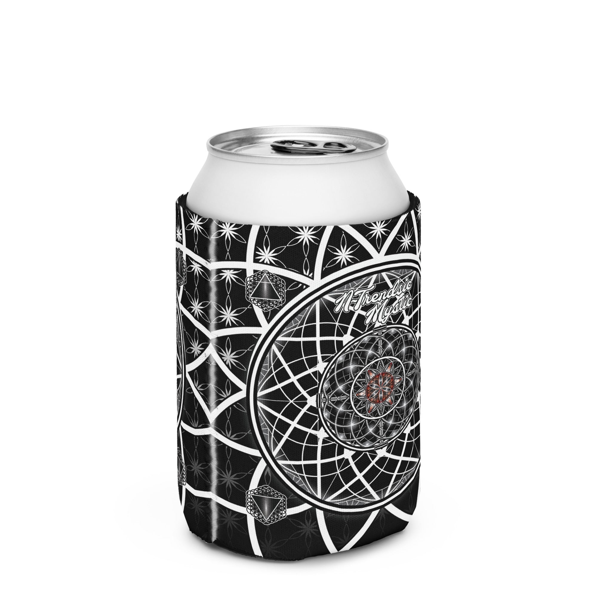 OG Mystic can cooler — sacred geometry design with Flower of Life, red rosette, and four guardian tetrahedrons