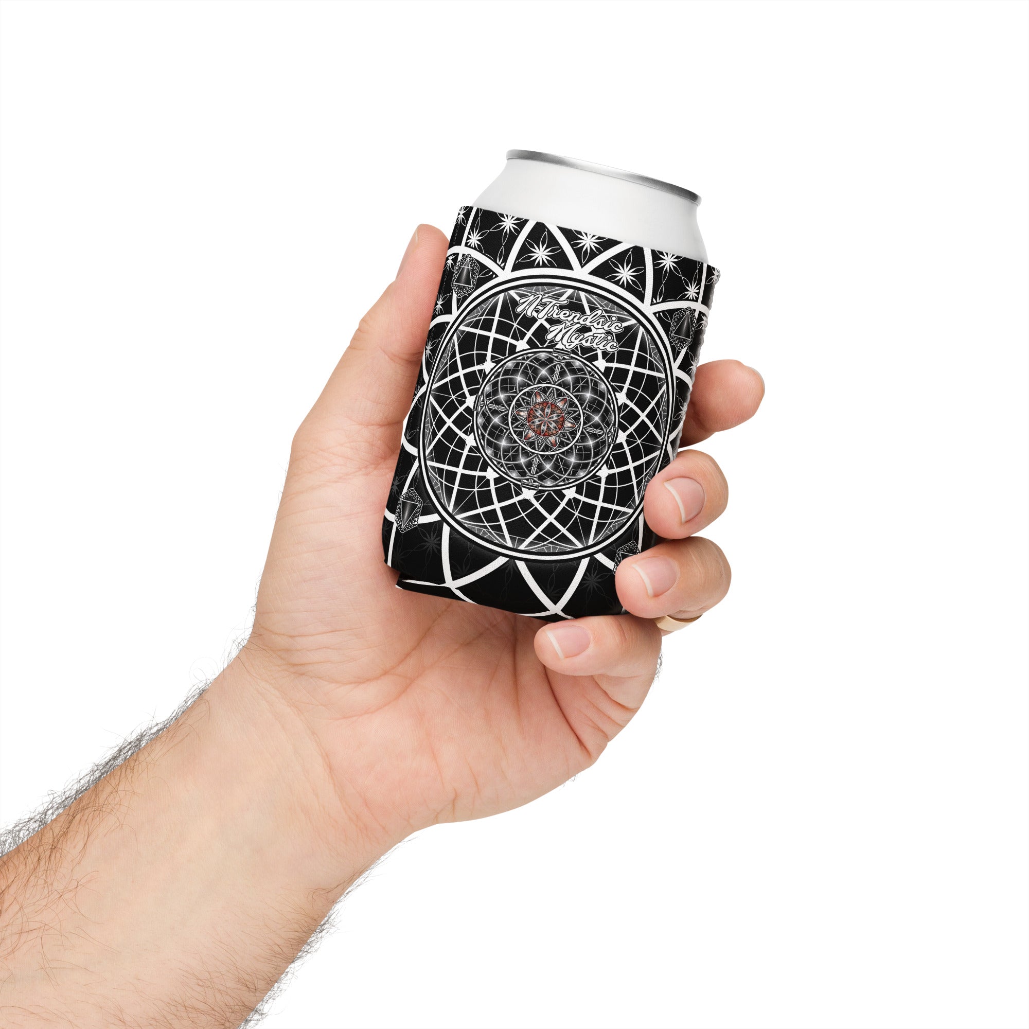OG Mystic can cooler — sacred geometry design with Flower of Life, red rosette, and four guardian tetrahedrons