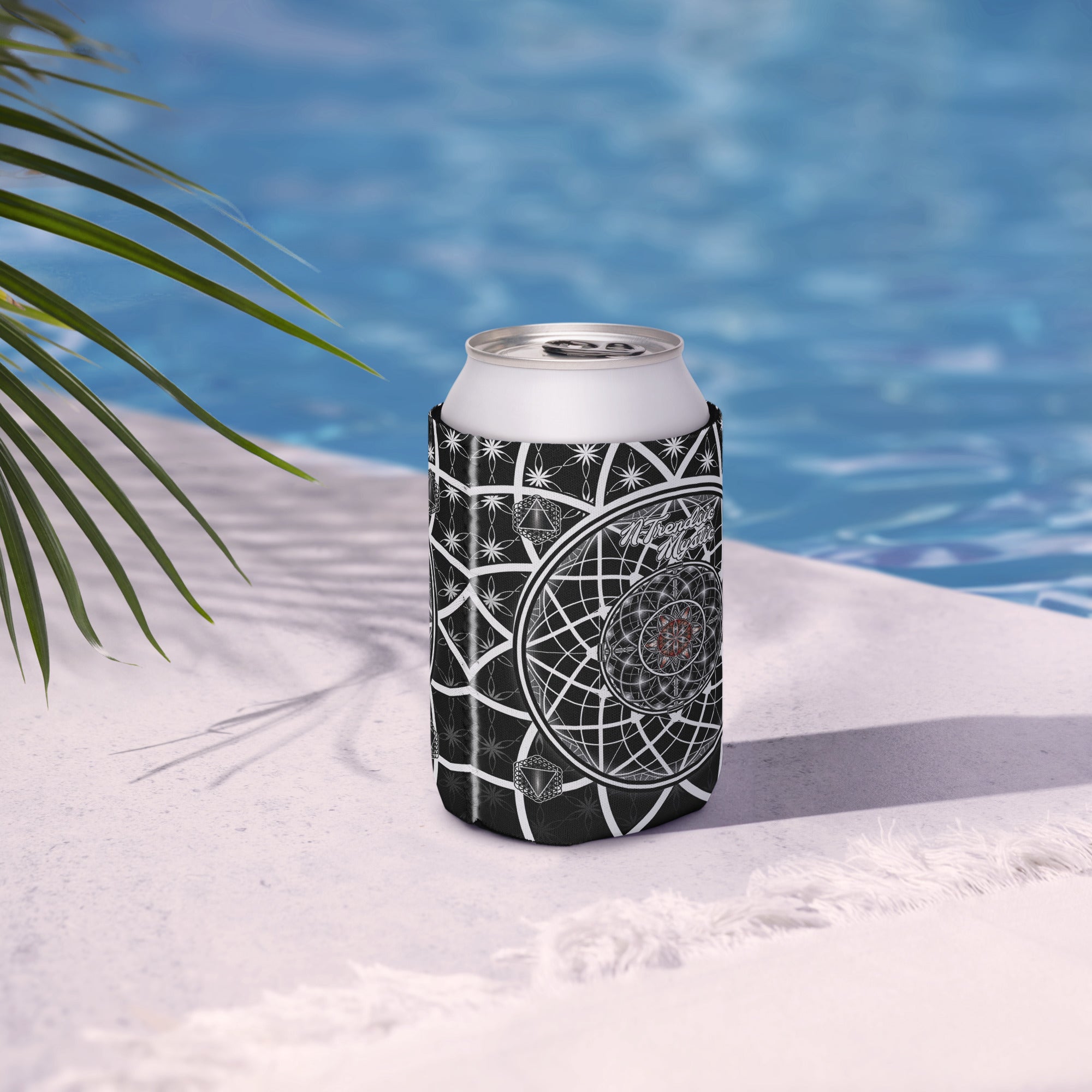 OG Mystic can cooler — sacred geometry design with Flower of Life, red rosette, and four guardian tetrahedrons