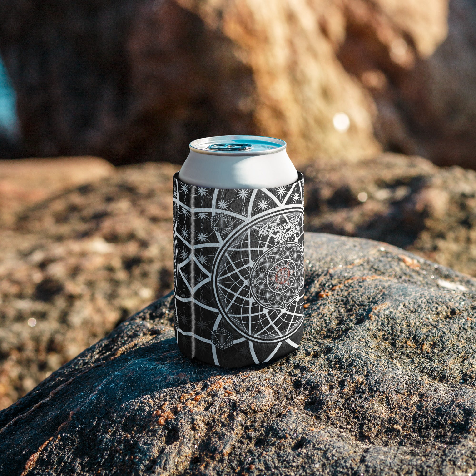 OG Mystic can cooler — sacred geometry design with Flower of Life, red rosette, and four guardian tetrahedrons