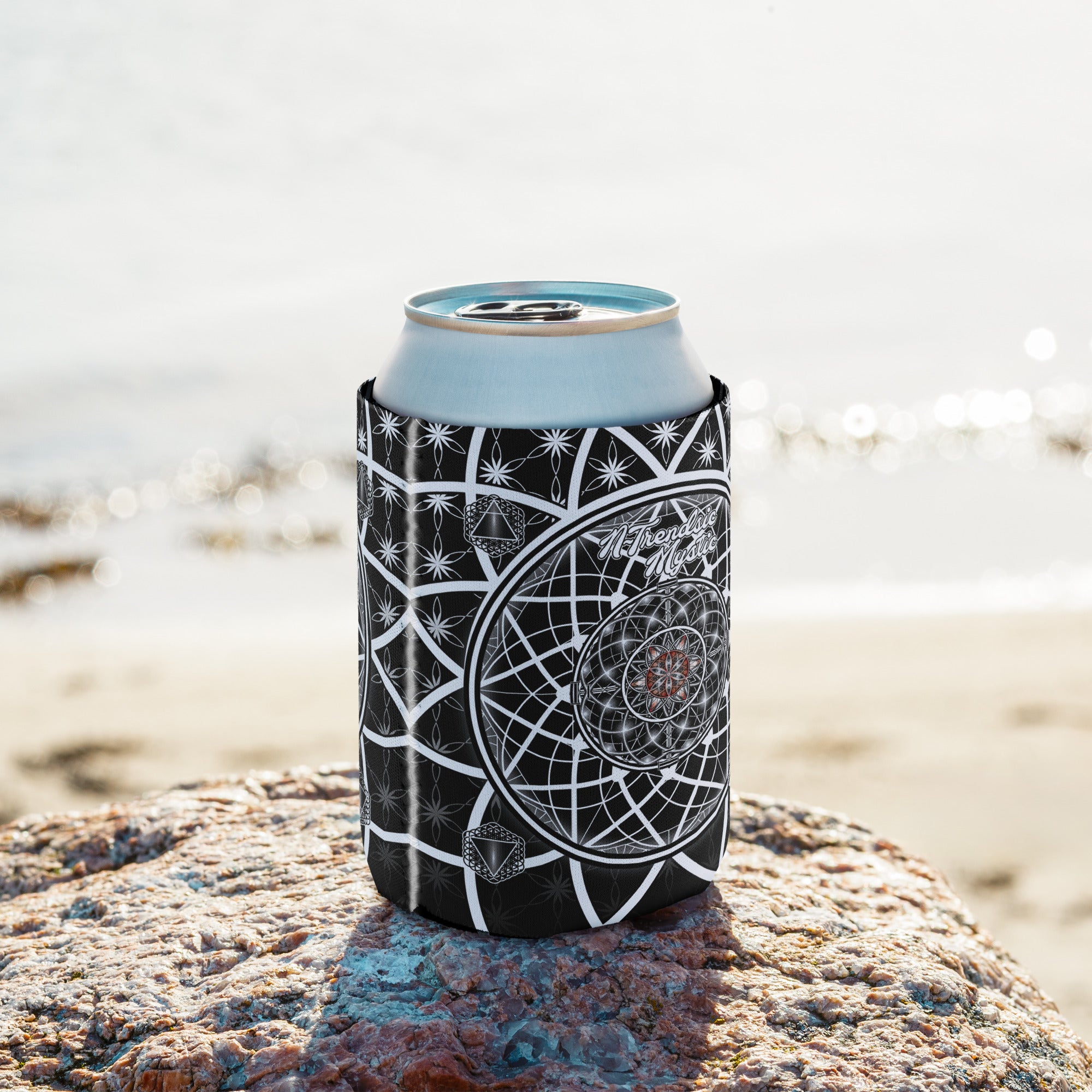 OG Mystic can cooler — sacred geometry design with Flower of Life, red rosette, and four guardian tetrahedrons