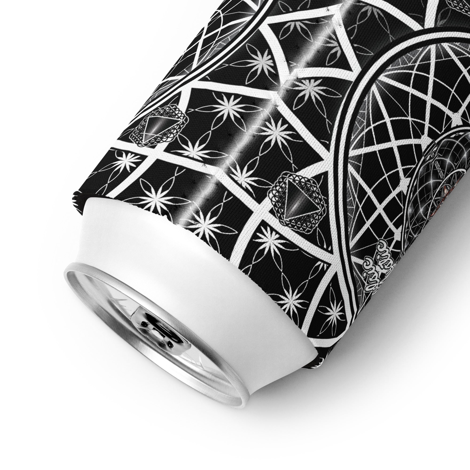 OG Mystic can cooler — sacred geometry design with Flower of Life, red rosette, and four guardian tetrahedrons