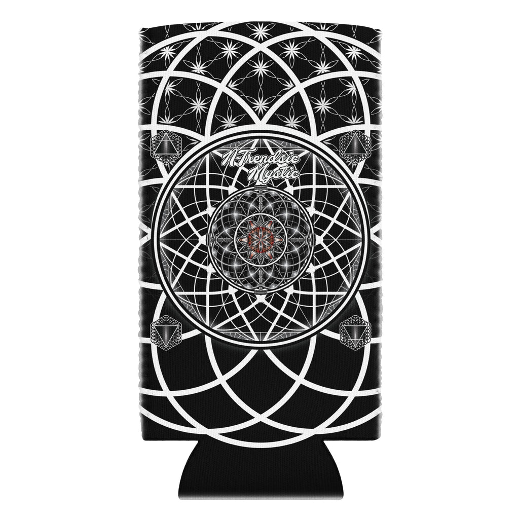OG Mystic can cooler — sacred geometry design with Flower of Life, red rosette, and four guardian tetrahedrons