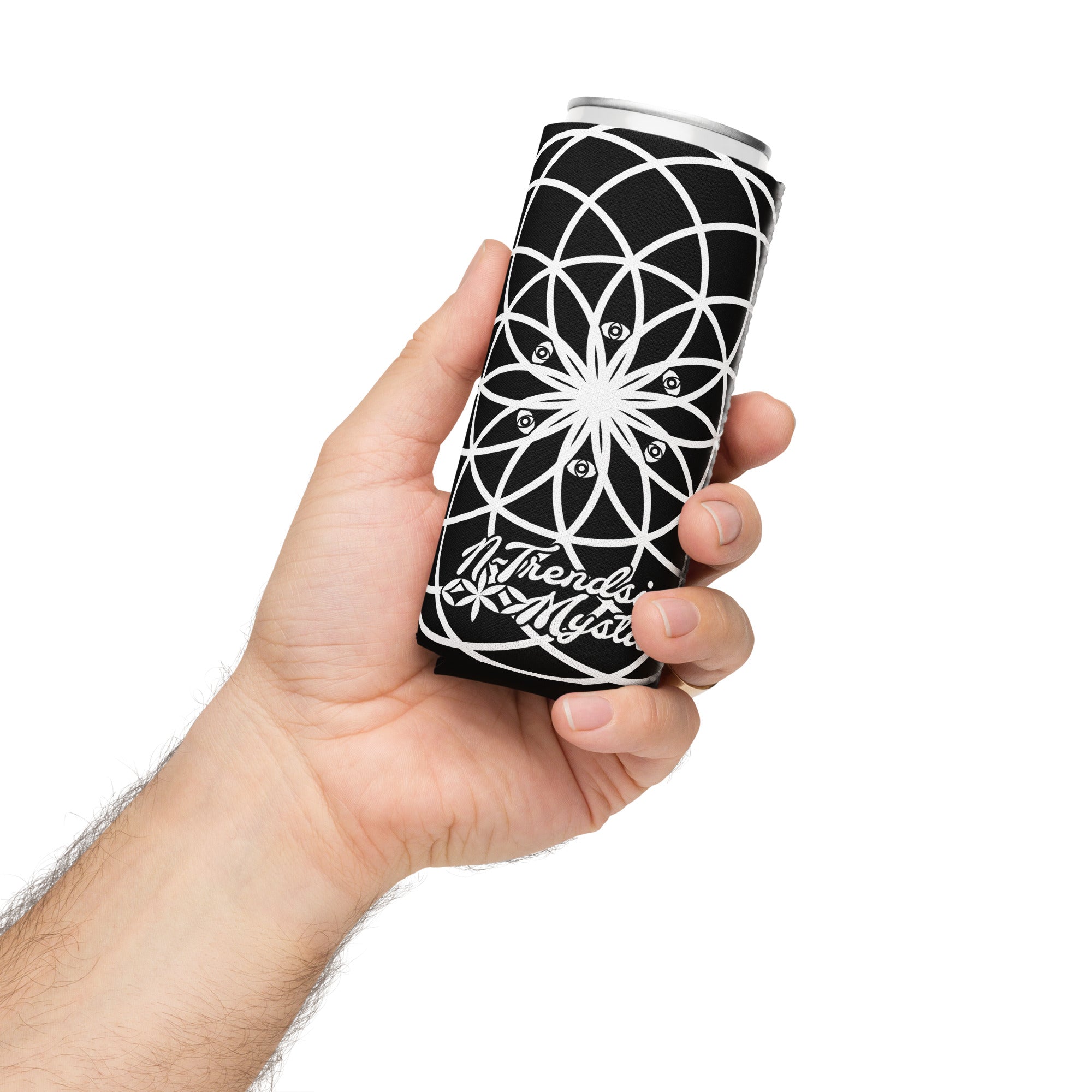 Mystic Koozie Eyez neoprene can cooler — sacred geometry mandala with eyes design, fits regular and slim cans