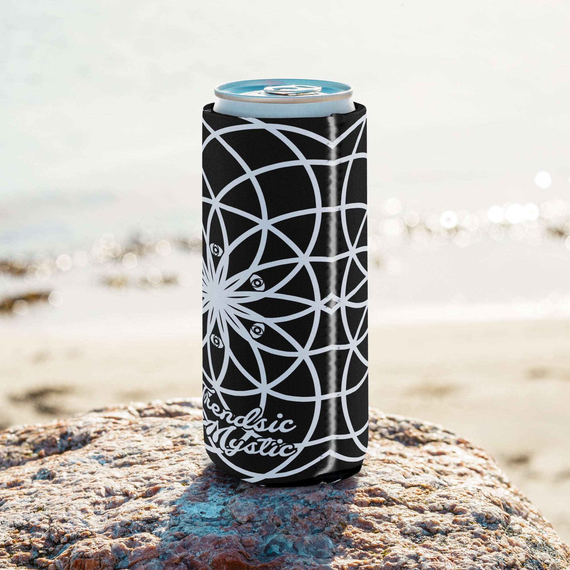Mystic Koozie Eyez neoprene can cooler — sacred geometry mandala with eyes design, fits regular and slim cans