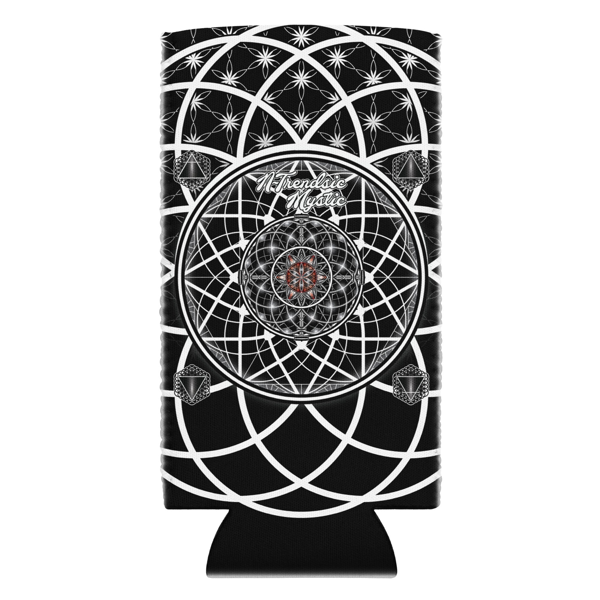 OG Mystic can cooler — sacred geometry design with Flower of Life, red rosette, and four guardian tetrahedrons
