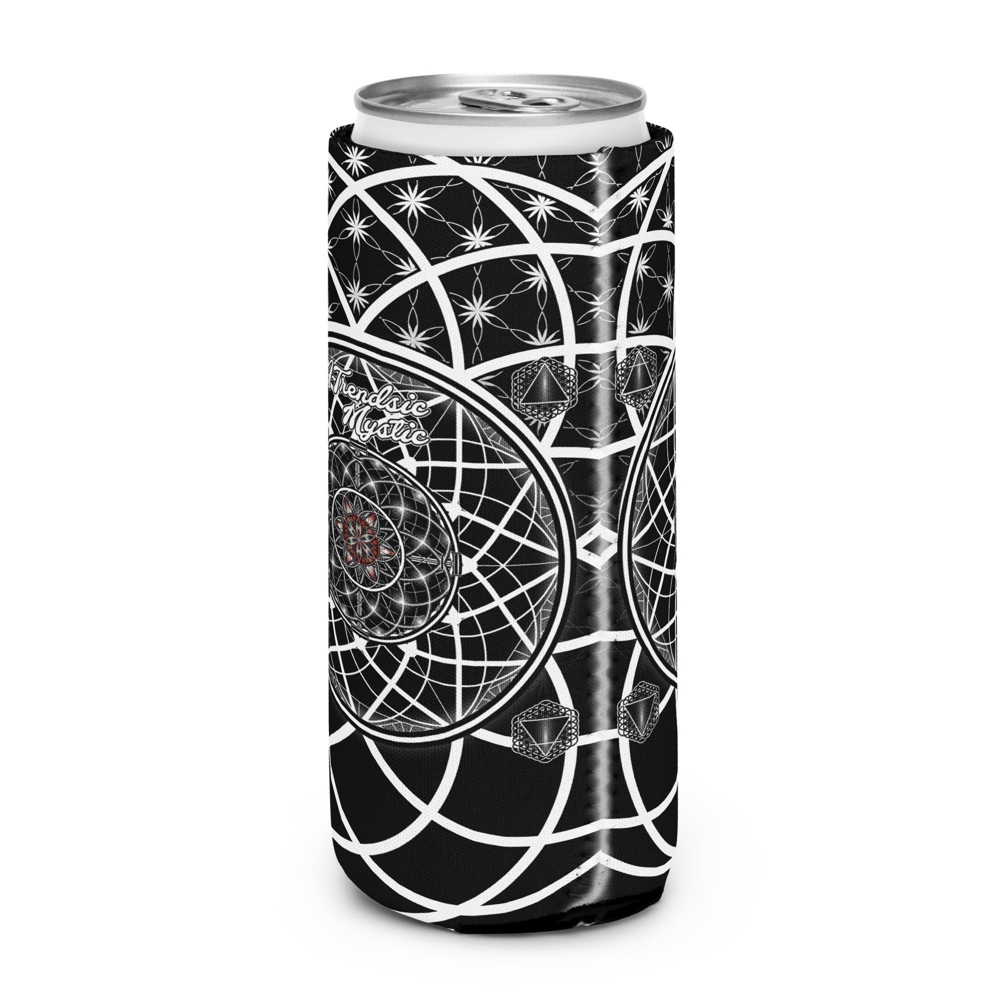 OG Mystic can cooler — sacred geometry design with Flower of Life, red rosette, and four guardian tetrahedrons