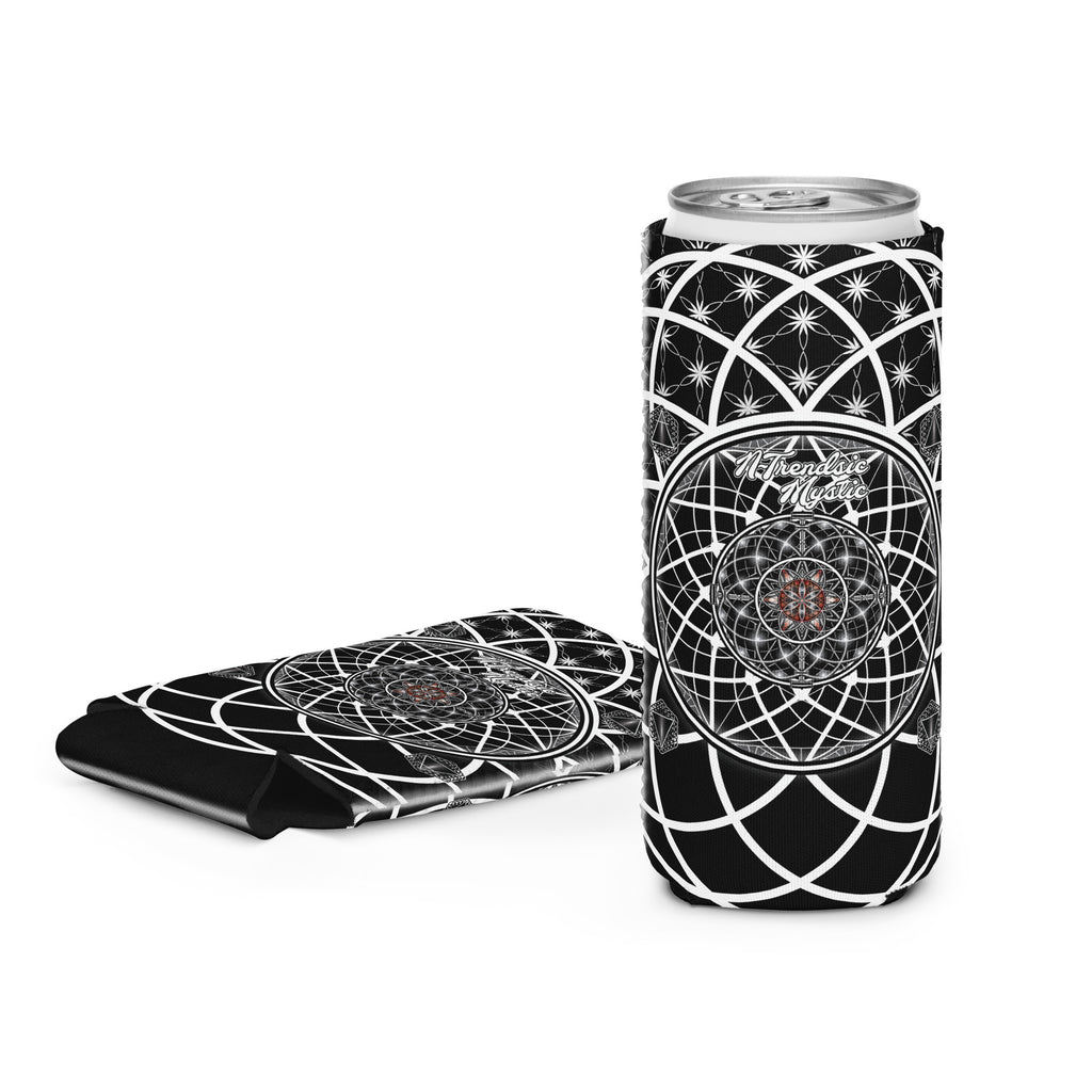 OG Mystic can cooler — sacred geometry design with Flower of Life, red rosette, and four guardian tetrahedrons