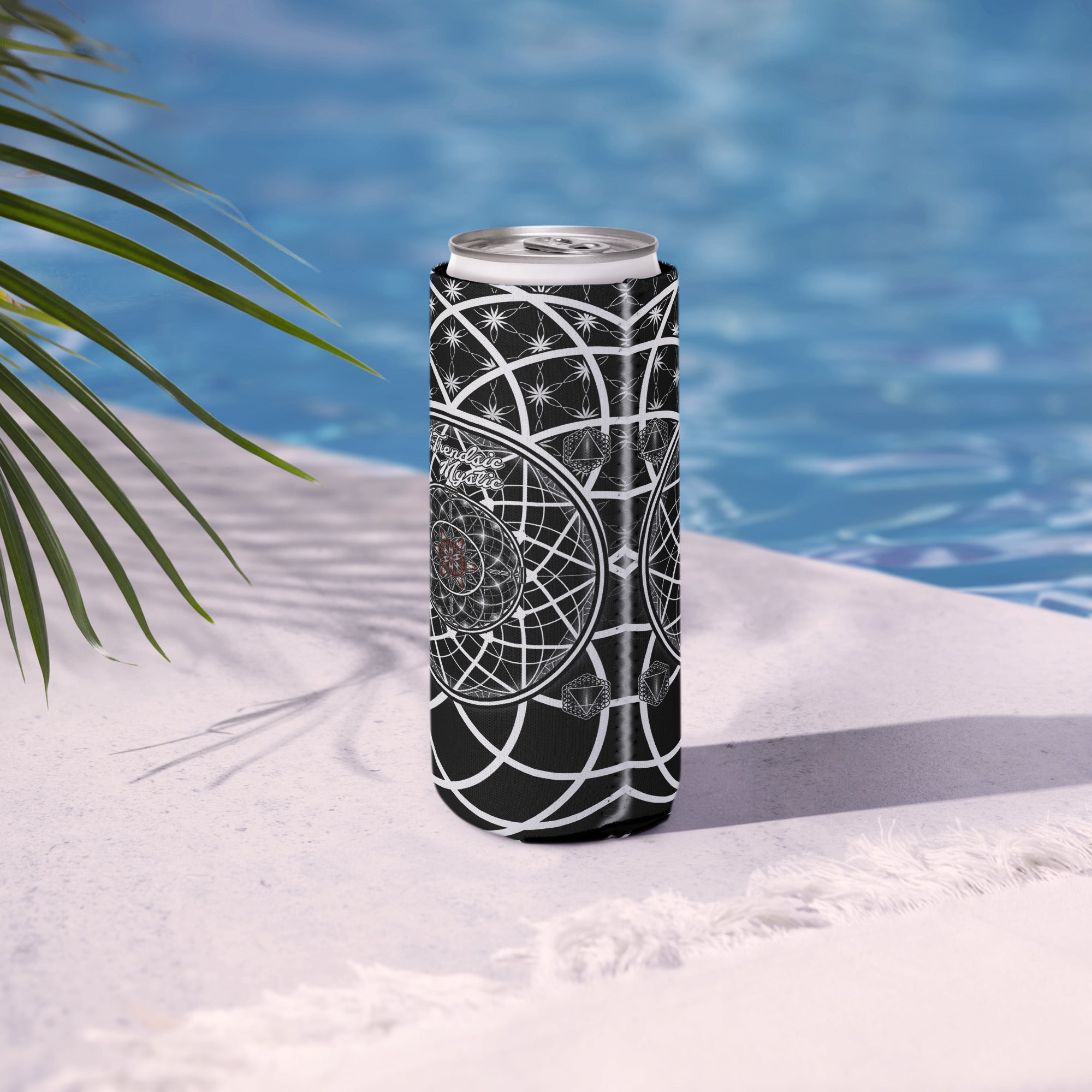 OG Mystic can cooler — sacred geometry design with Flower of Life, red rosette, and four guardian tetrahedrons
