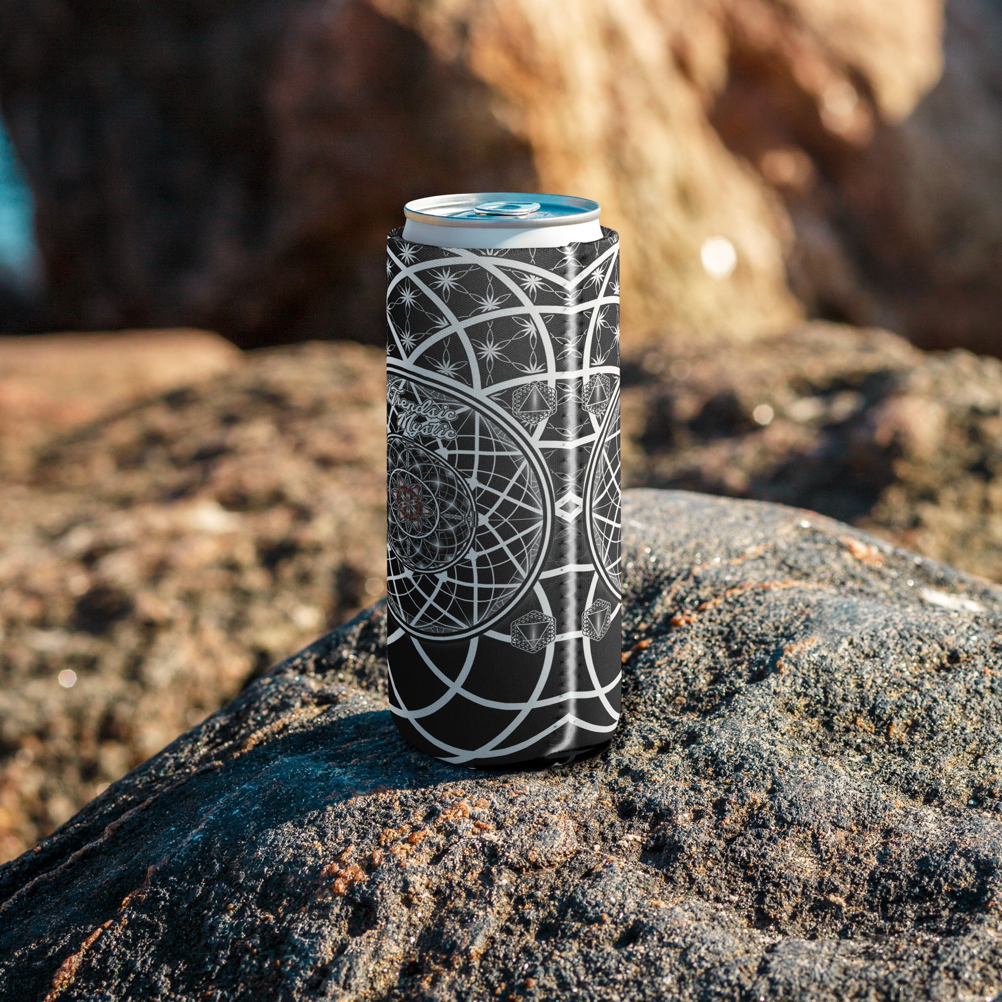 OG Mystic can cooler — sacred geometry design with Flower of Life, red rosette, and four guardian tetrahedrons