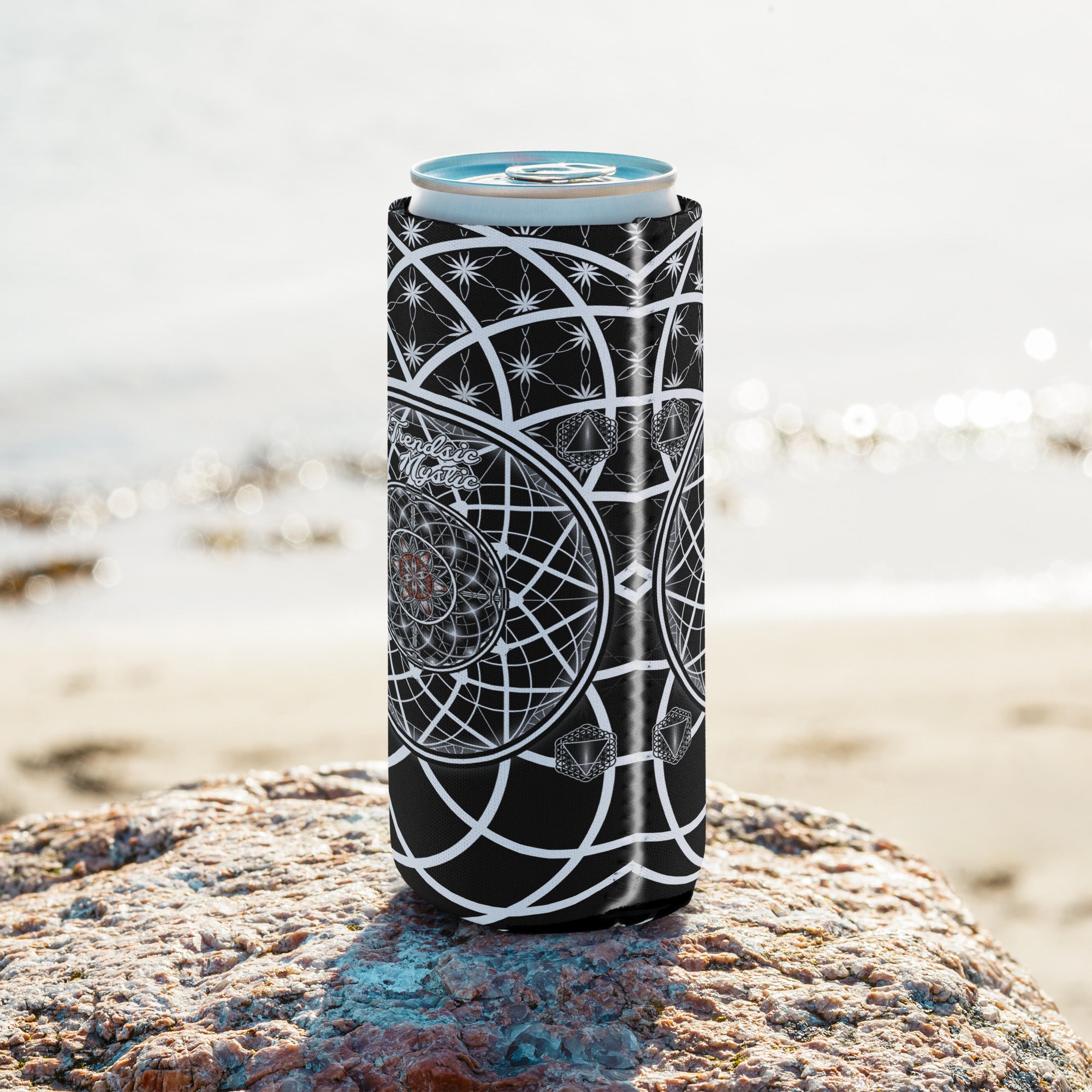 OG Mystic can cooler — sacred geometry design with Flower of Life, red rosette, and four guardian tetrahedrons