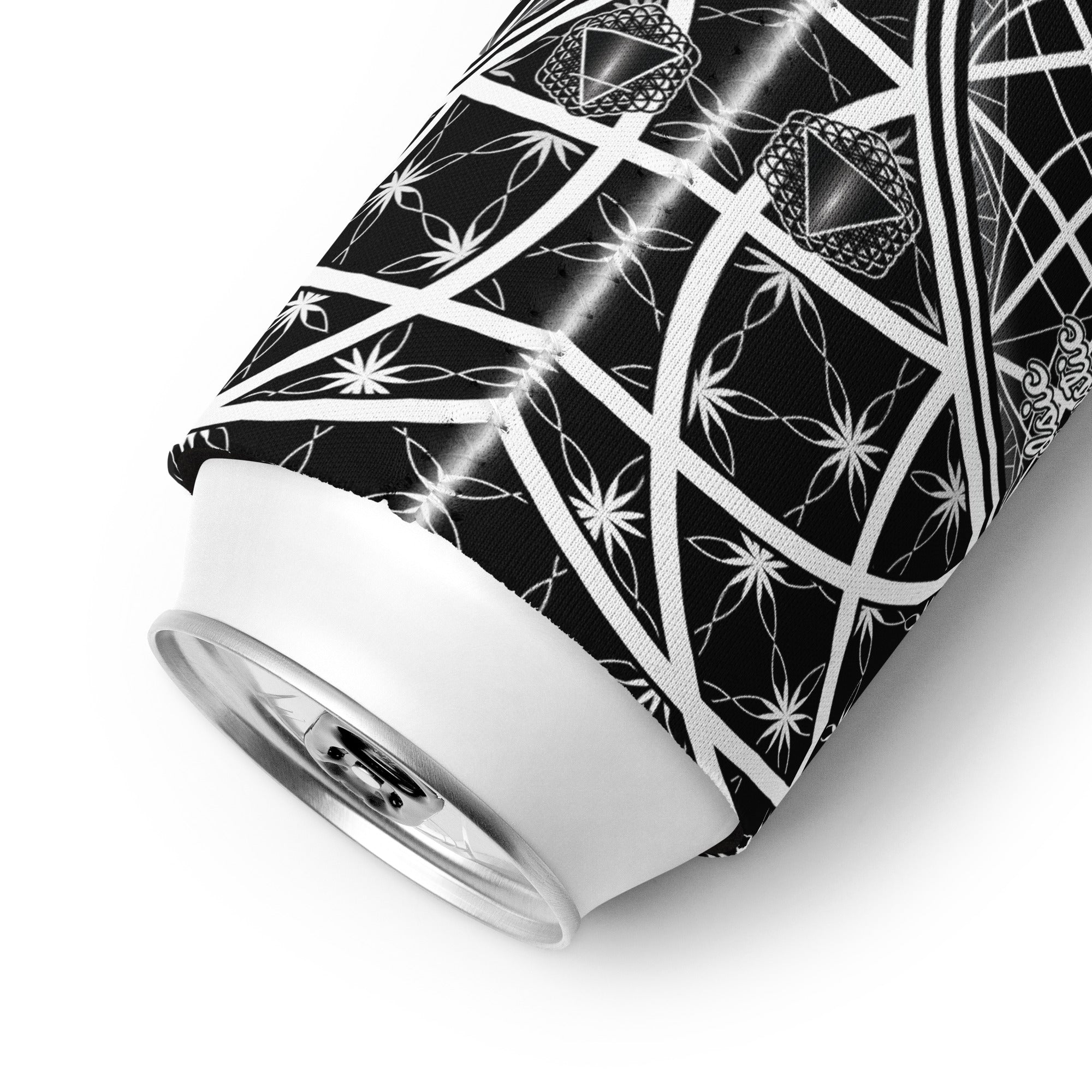 OG Mystic can cooler — sacred geometry design with Flower of Life, red rosette, and four guardian tetrahedrons