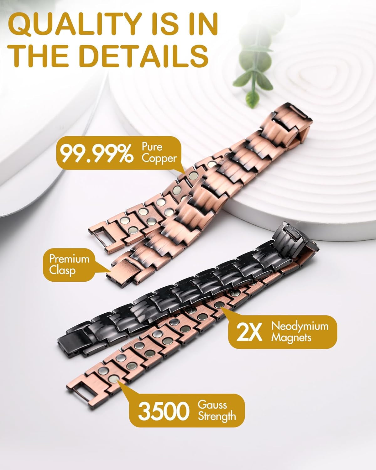 Solid copper magnetic bracelet with double-row wide-link design, available in Copper Black, Copper, and matching ring variations.