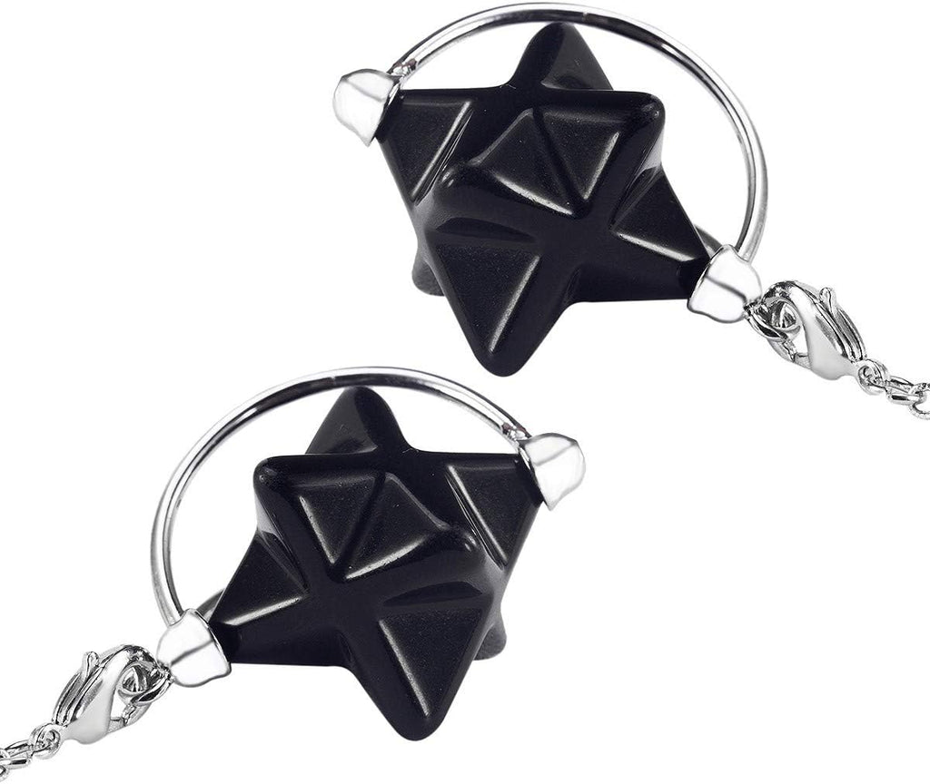 Stone Merkaba star pendulum with optional 7 chakra bead chain or minimal style, natural crystal carving for meditation and divination.
